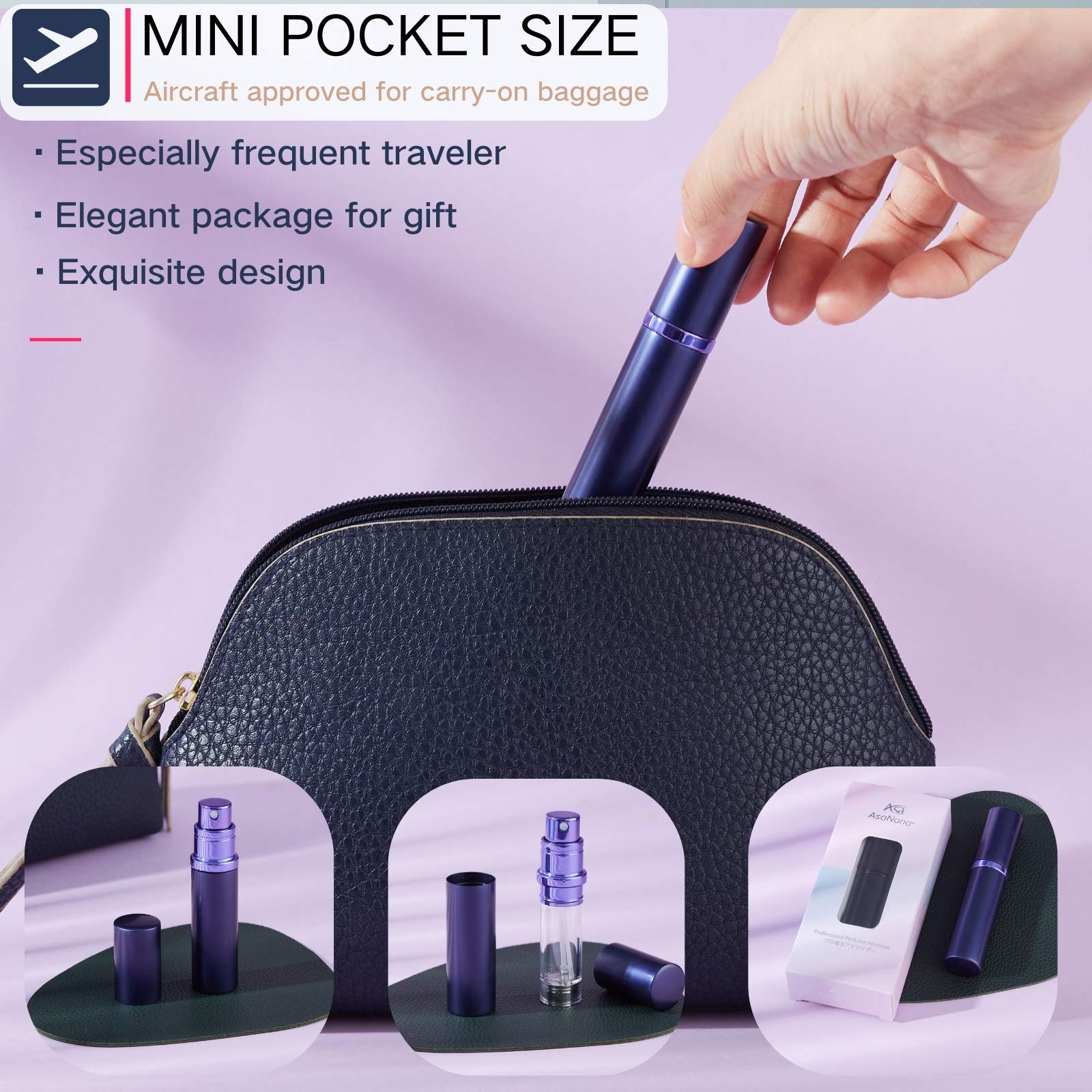 AsaNana Perfume Atomiser, Refillable & Travel Size Perfume Bottle, Leaking Proof,Bottom Pump without Funnel, Luxurious Small women and men, 5ml (CLa-2P(Black&MatBlue))