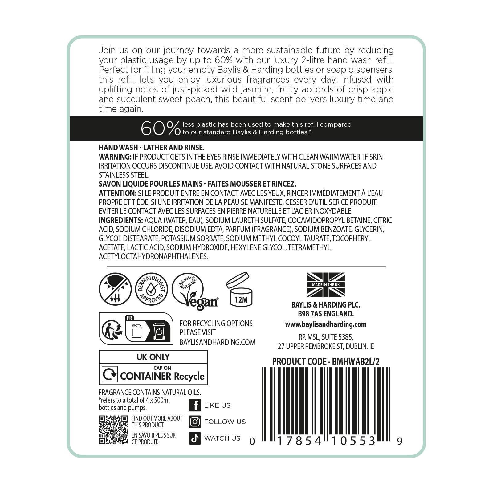 Baylis & Harding Jasmine & Apple Blossom Anti-Bacterial Hand Wash 2 litre Refill (Pack of 3 - Total 6 litres) - Vegan Friendly