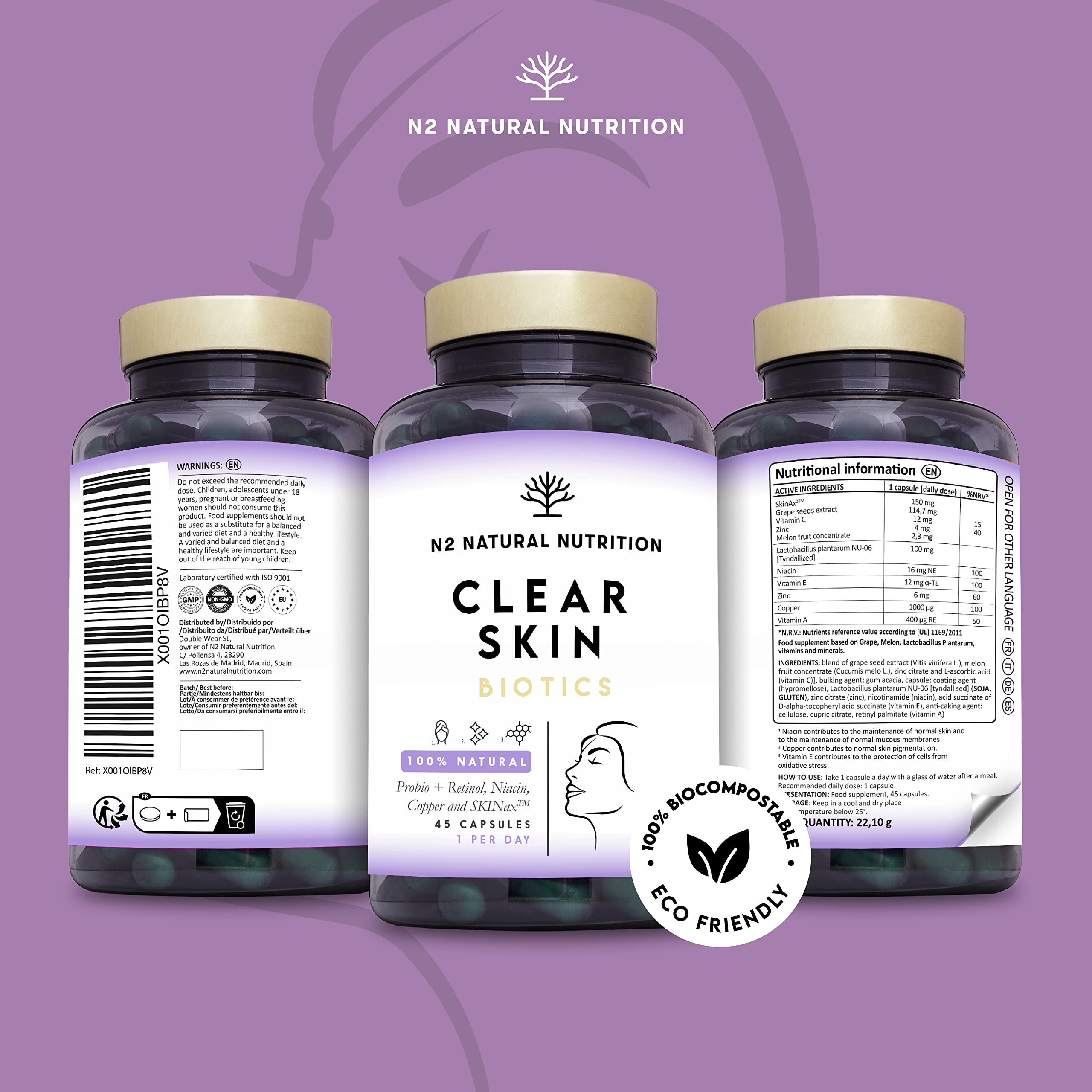 Probiotics for a Healthy Skin. Reduces Spots & Imperfections. Anti Acne effect. Improves Elasticity, Firmness & Luminosity. With SKINAX²™, Zinc & Vitamins. 45 capsules. CE. Vegan. N2 Natural Nutrition