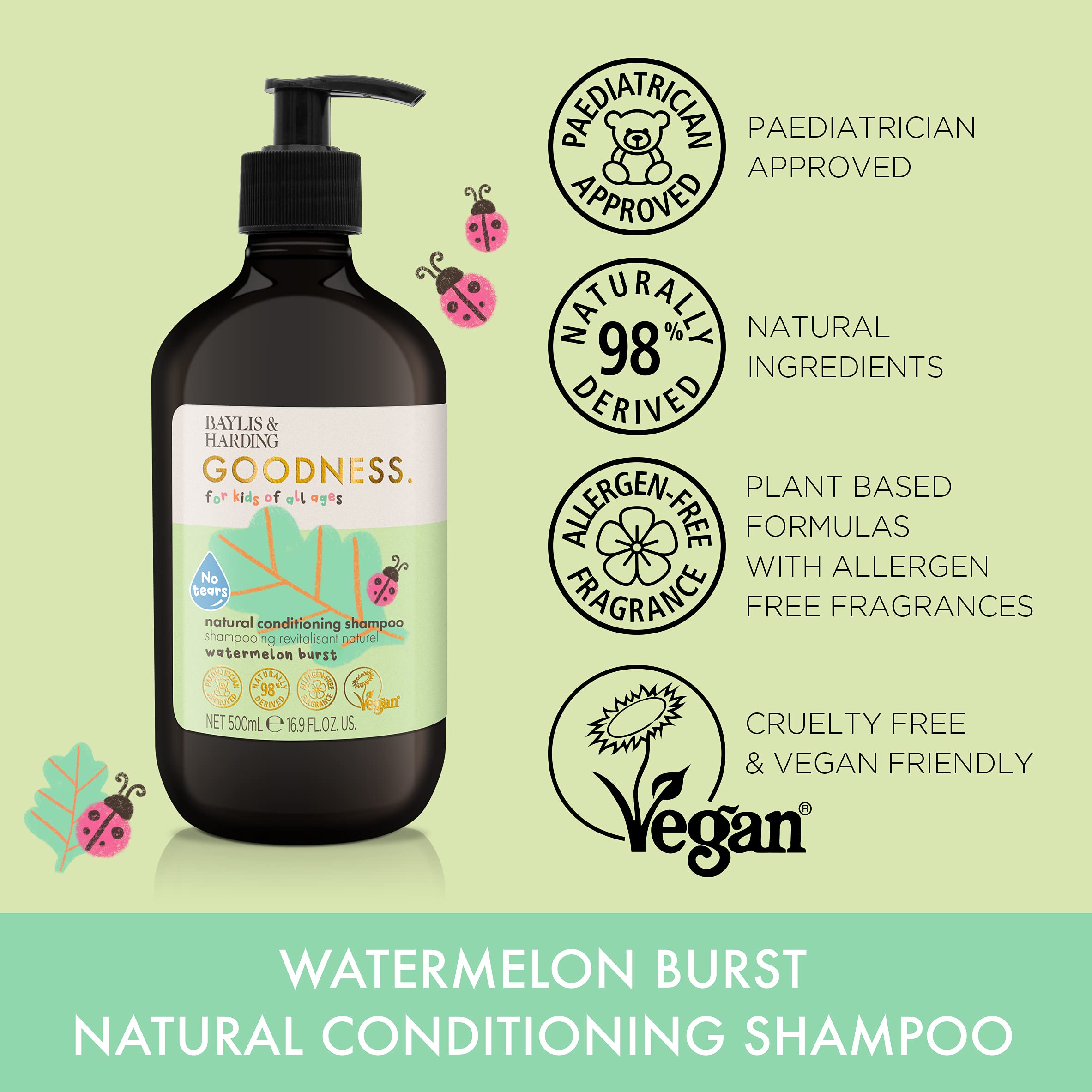 Baylis & Harding Goodness Kids Watermelon Burst No Tears Natural Conditioning Shampoo, 500 ml (Pack of 3) - Vegan Friendly