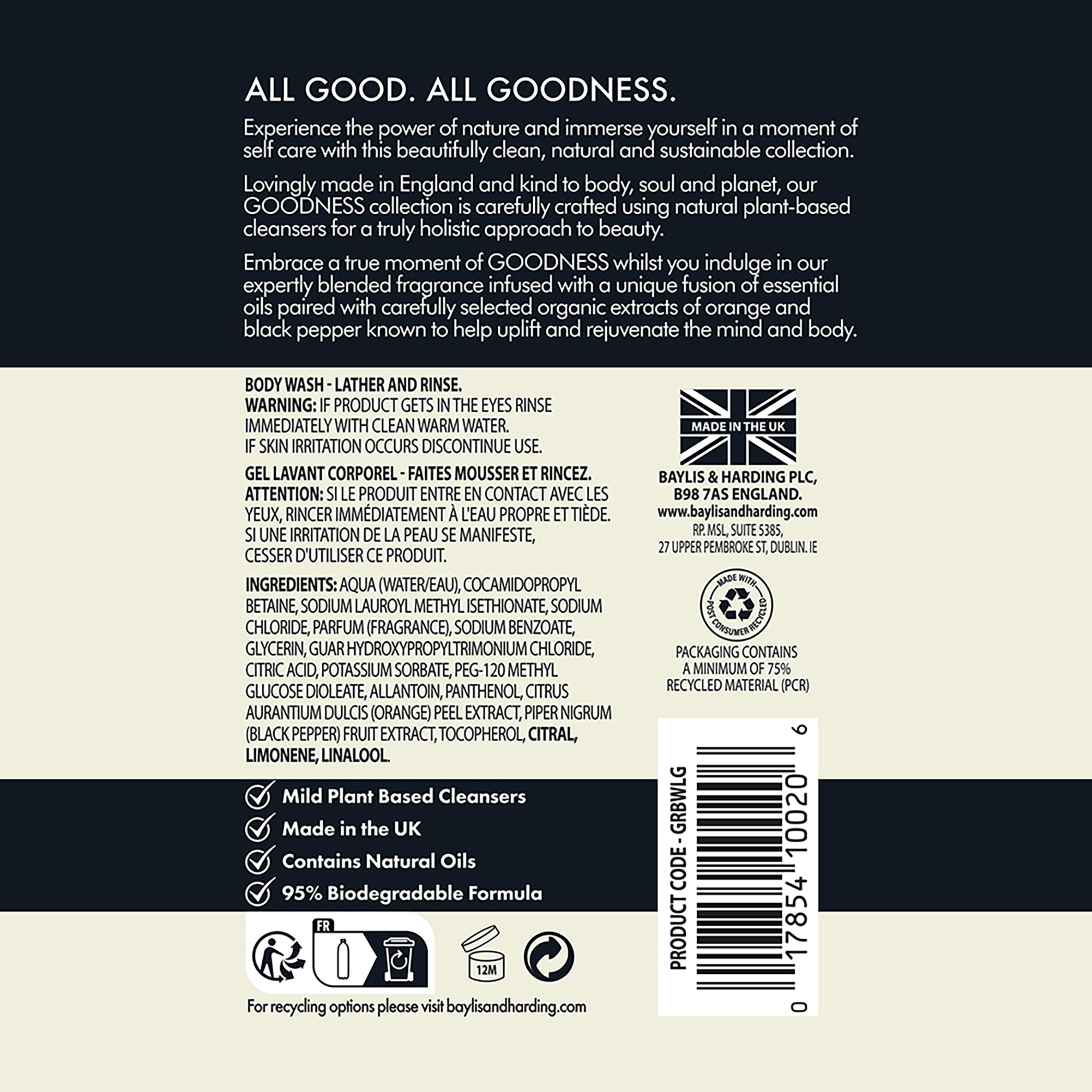 Baylis & Harding Liquid Body Wash Soap, Goodness, Lemongrass & Ginger, 16.9oz/500ml (3-Pack)