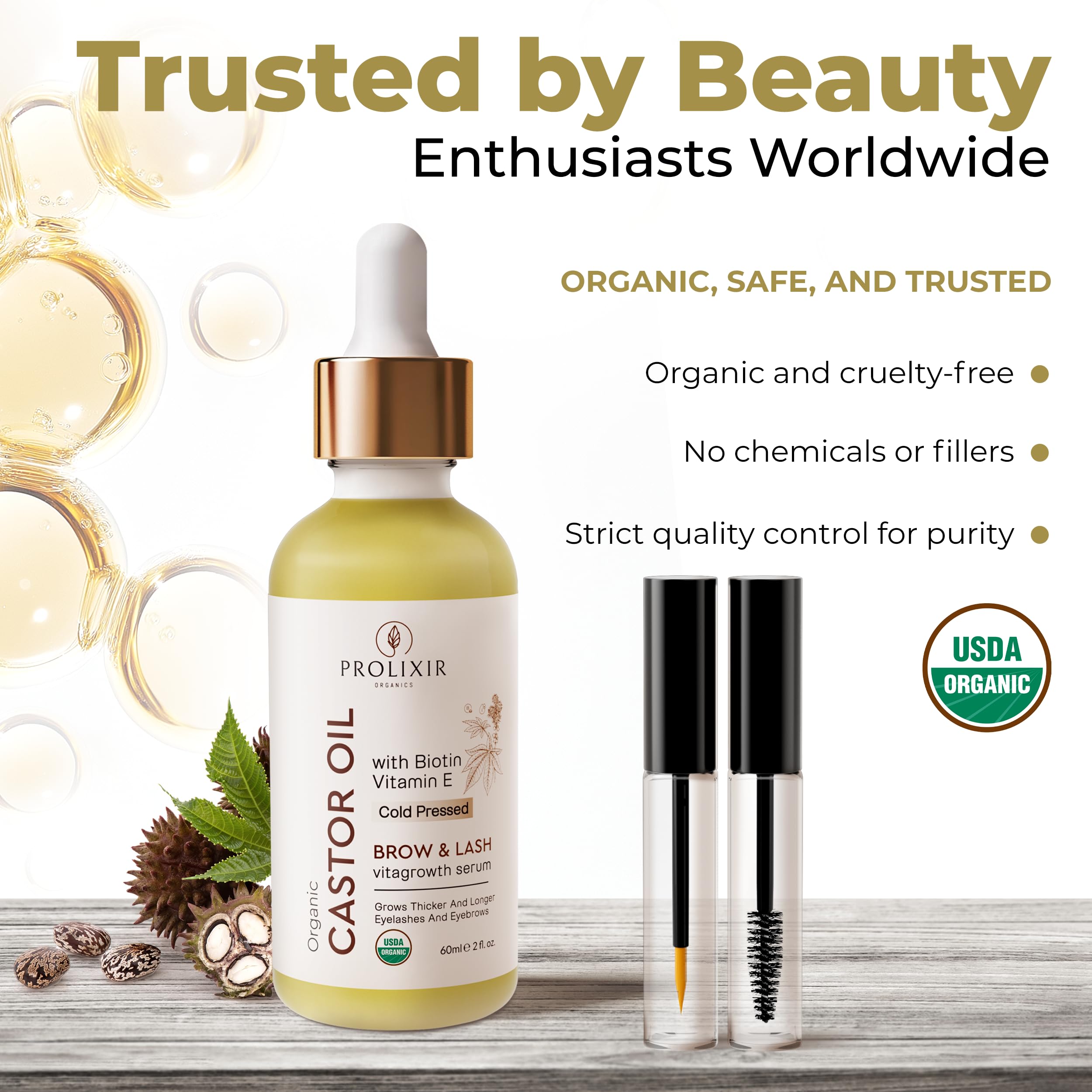 PROLIXIR Organic Castor Oil 60mls with Biotin & Vitamin E - Growth Serum for Eyebrows, Eyelashes, Hair, Nails & Skin - Cold Pressed, 100% Pure, Vegan, Cruelty Free - Mascara kit with Pipette and Wands