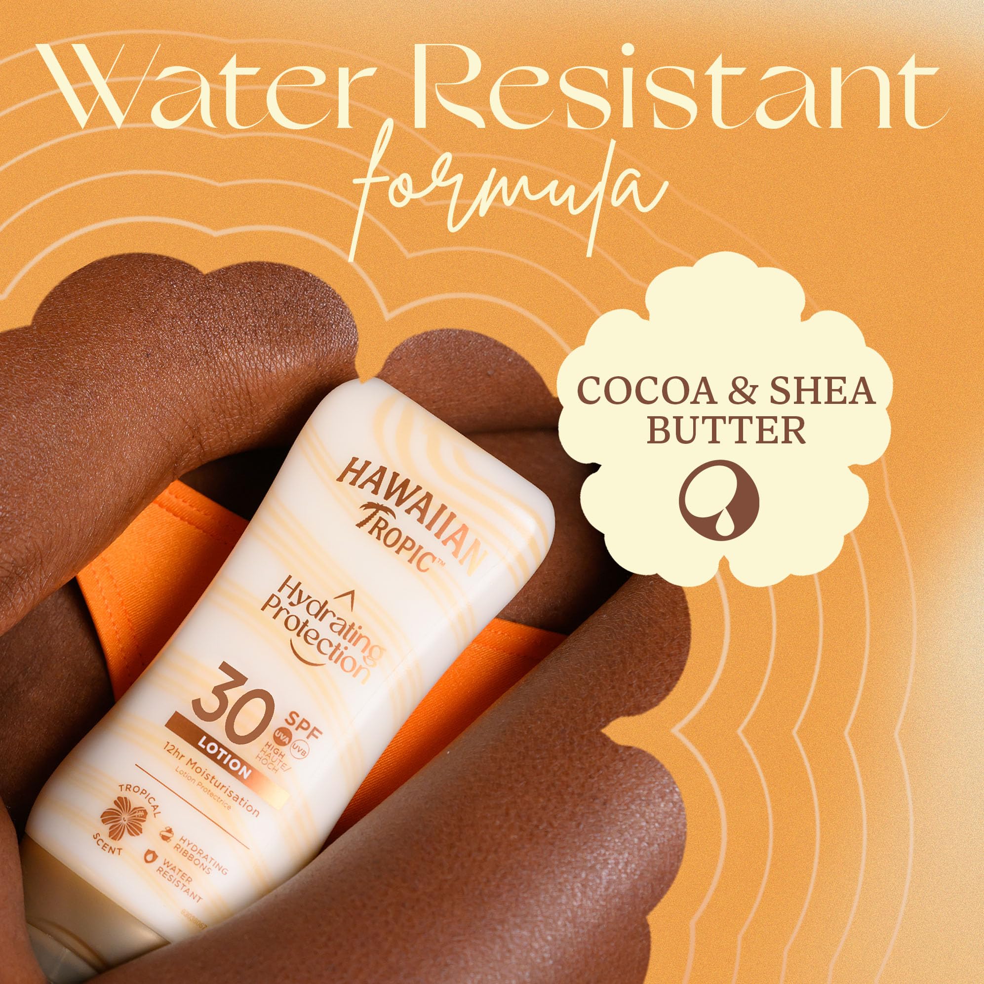 Hawaiian Tropic Hydrating Protection Sunscreen Lotion, Water Resistant SPF 30 UVA plus UVB Protection Suncream, 12-Hour Moisturising Sun Lotion with Cocoa and Shea Butter, 180 ml