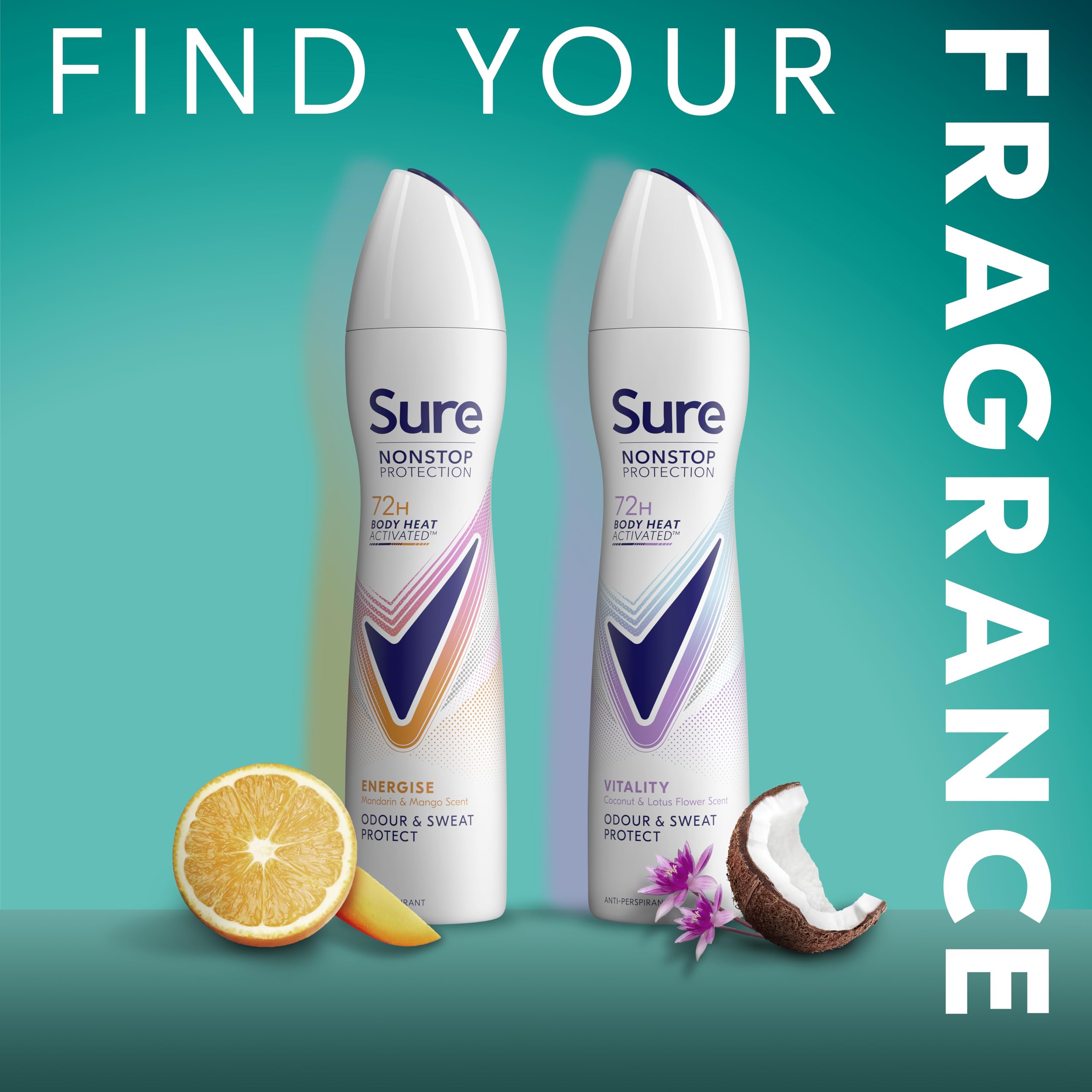 Sure Nonstop Protection Vitality Anti-Perspirant Aerosol Women's Deodorant Spray with Body Heat Activated tech. and a coconut & lotus flower scent for 72 hour odour and sweat protection 6x 250 ml
