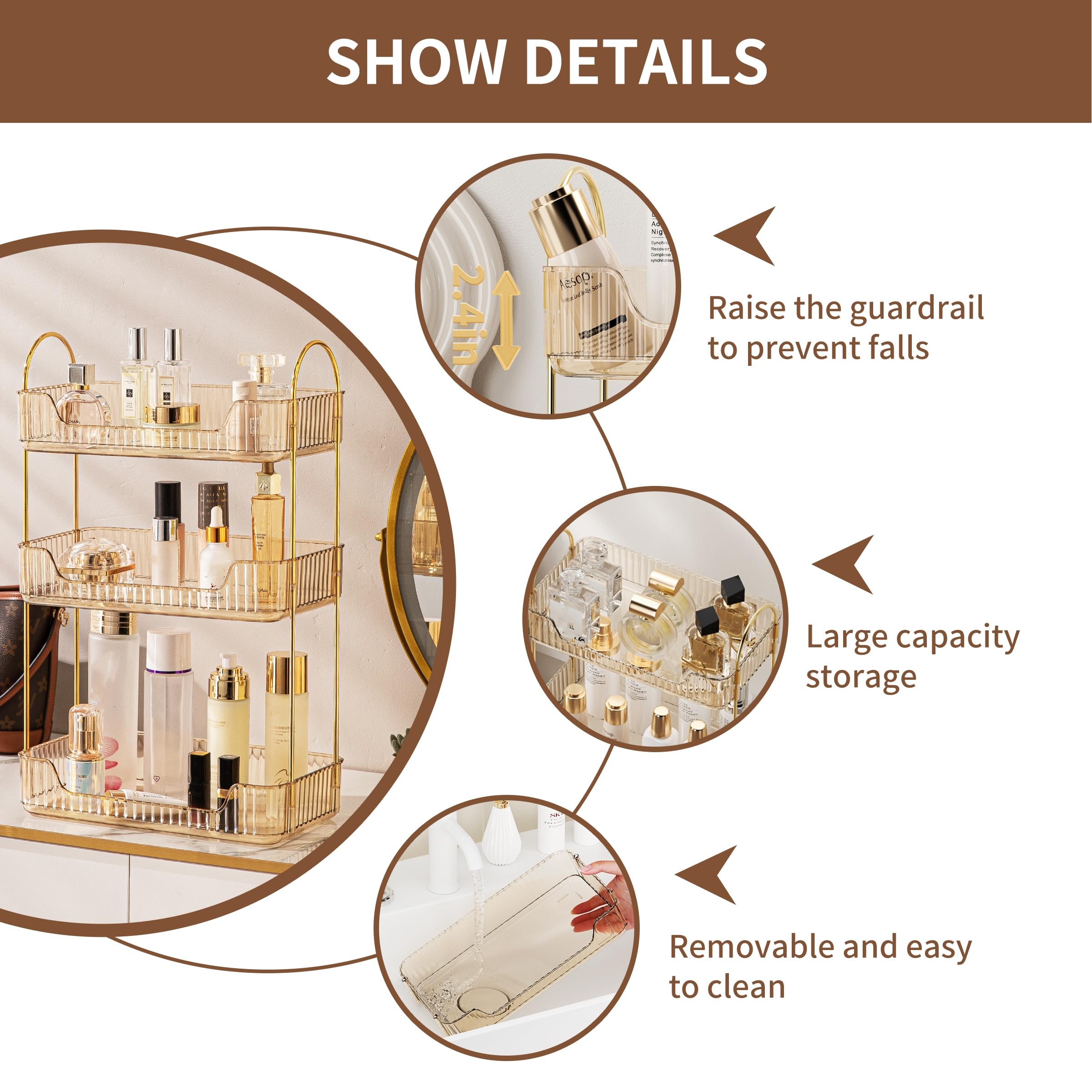 Bathroom Organiser Countertop, Vanity Trays for Bathroom, Skincare Makeup Organiser Shelf, Vanity Organiser, Bathroom Counter Shelf for Cosmetics, Toiletries, Lotions, Perfumes (3 Tiers, Amber)