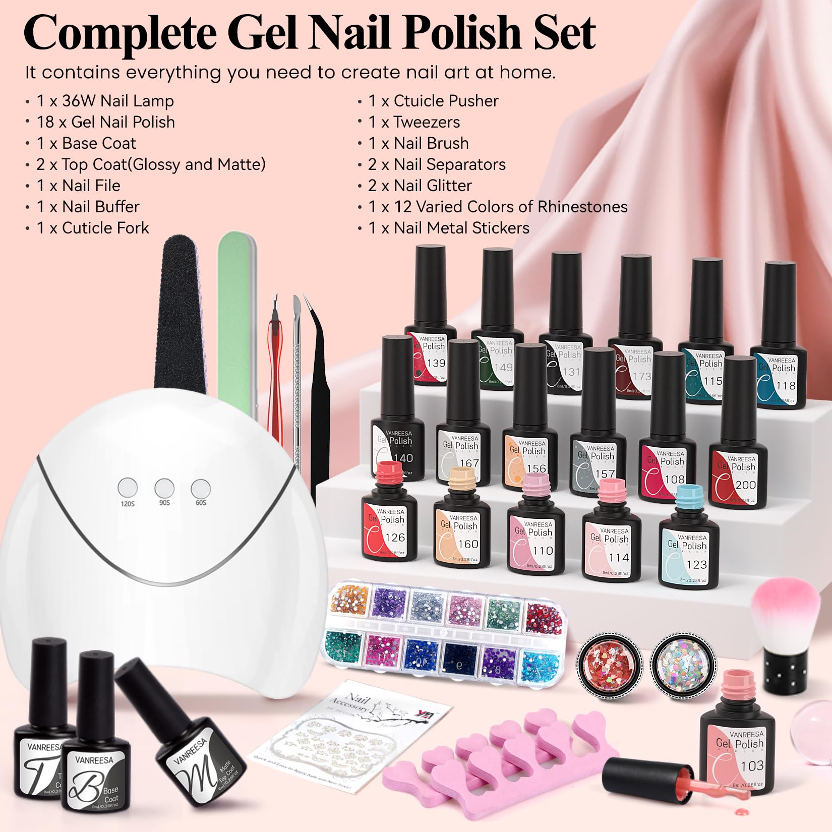 VANREESA 34 PCS Gel Nail Polish Set with Lamp Starter Kit, 18 Colours Gel Nail Kit Classic Popular Pink Red Glitter Soak Off Gels Polish Set with Manicure Tools Nails Salon Set Gifts for Women