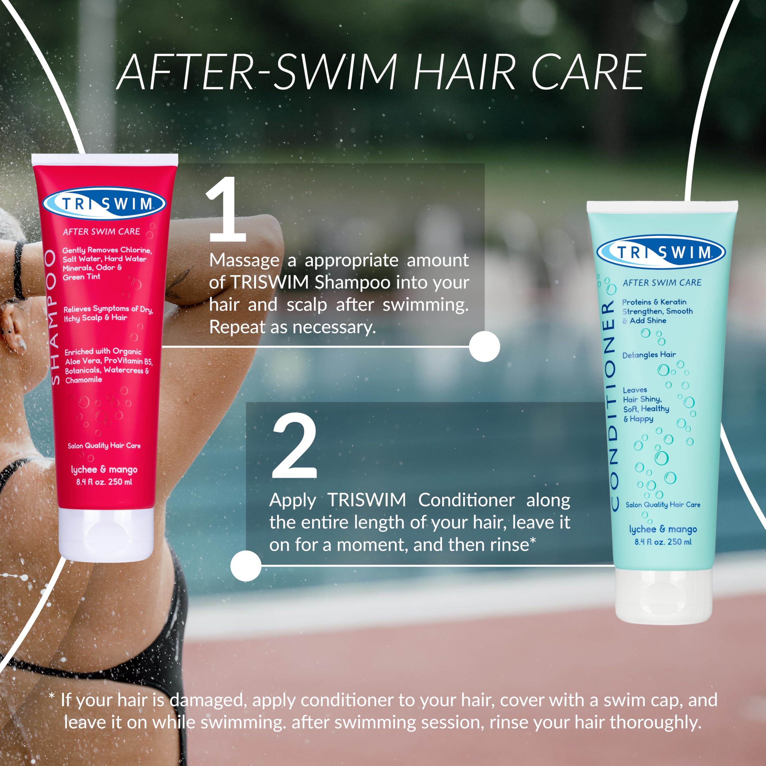 TRISWIM Chlorine Removal Shampoo | After Swim Care | Moisturising Anti-Chlorine Vegan Shampoo For Swimmers | Removes Green Tint | Lychee & Mango (250ml)