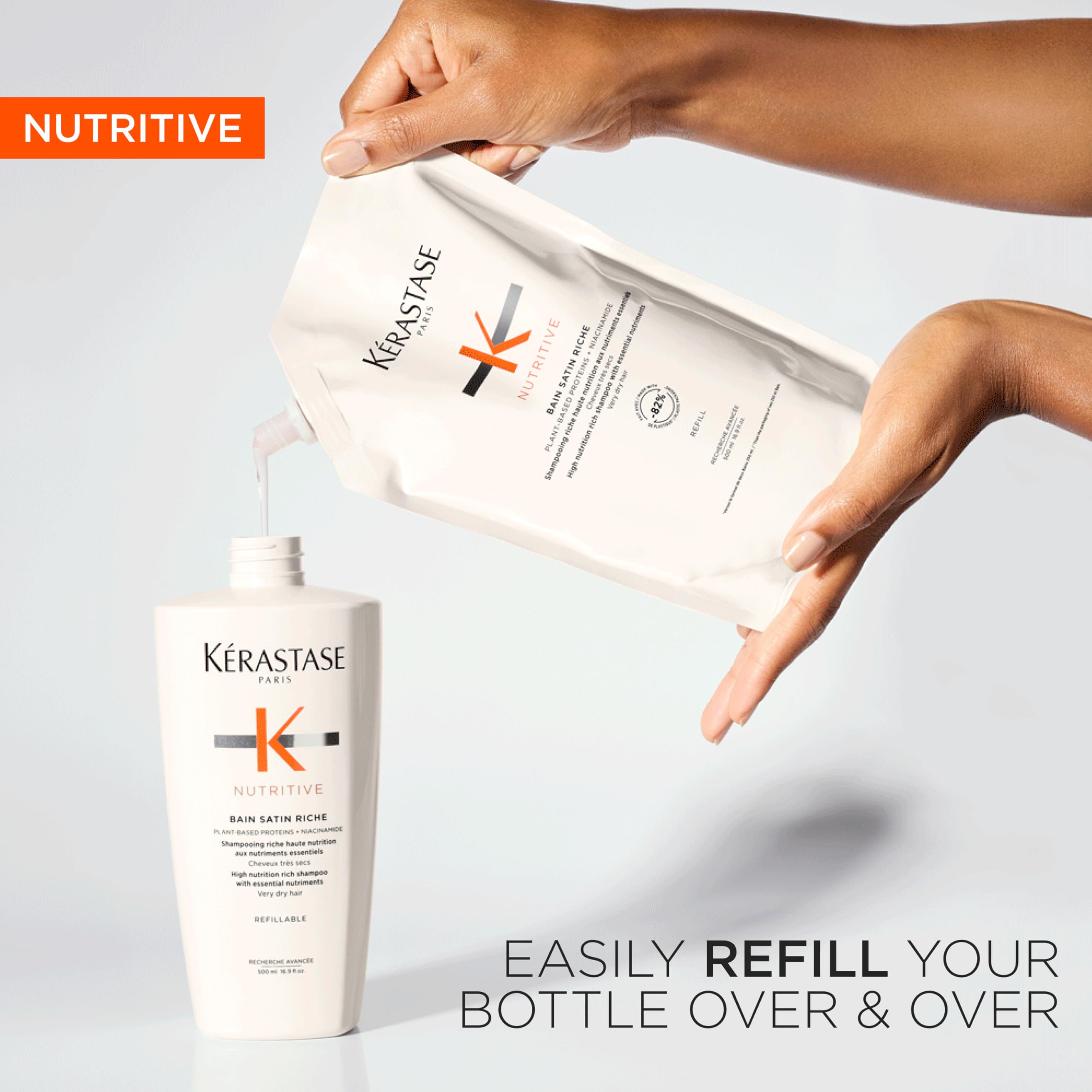 Kérastase Nutritive, Gentle Hydrating Shampoo for Dry Hair, Nourishing Protein Formula with Niacinamide, Moisturises, Softens and Restores Shine, Bain Satin, Refillable Bottle 500 ml