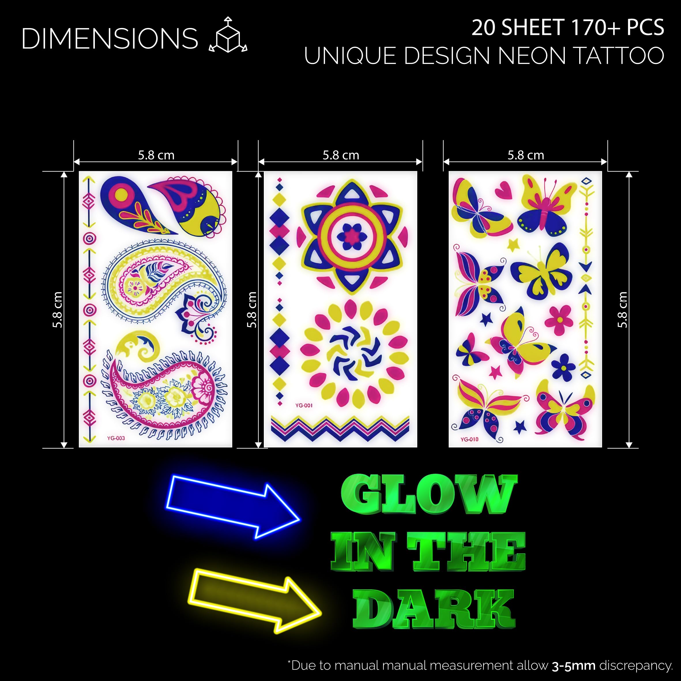 Glow in the Dark Neon Temporary Tattoos - 20 Sheets, 170+ Unique Designs for Party Rave Festival