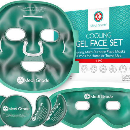 Medi Grade Cooling Face Mask set with Cooling Eye Mask for Puffy Eyes and Insulated Thermo-bag - Soothing Gel Ice Face Mask and Eye Ice Mask for Dark Circles and Puffiness - Cold Face Mask Relaxation
