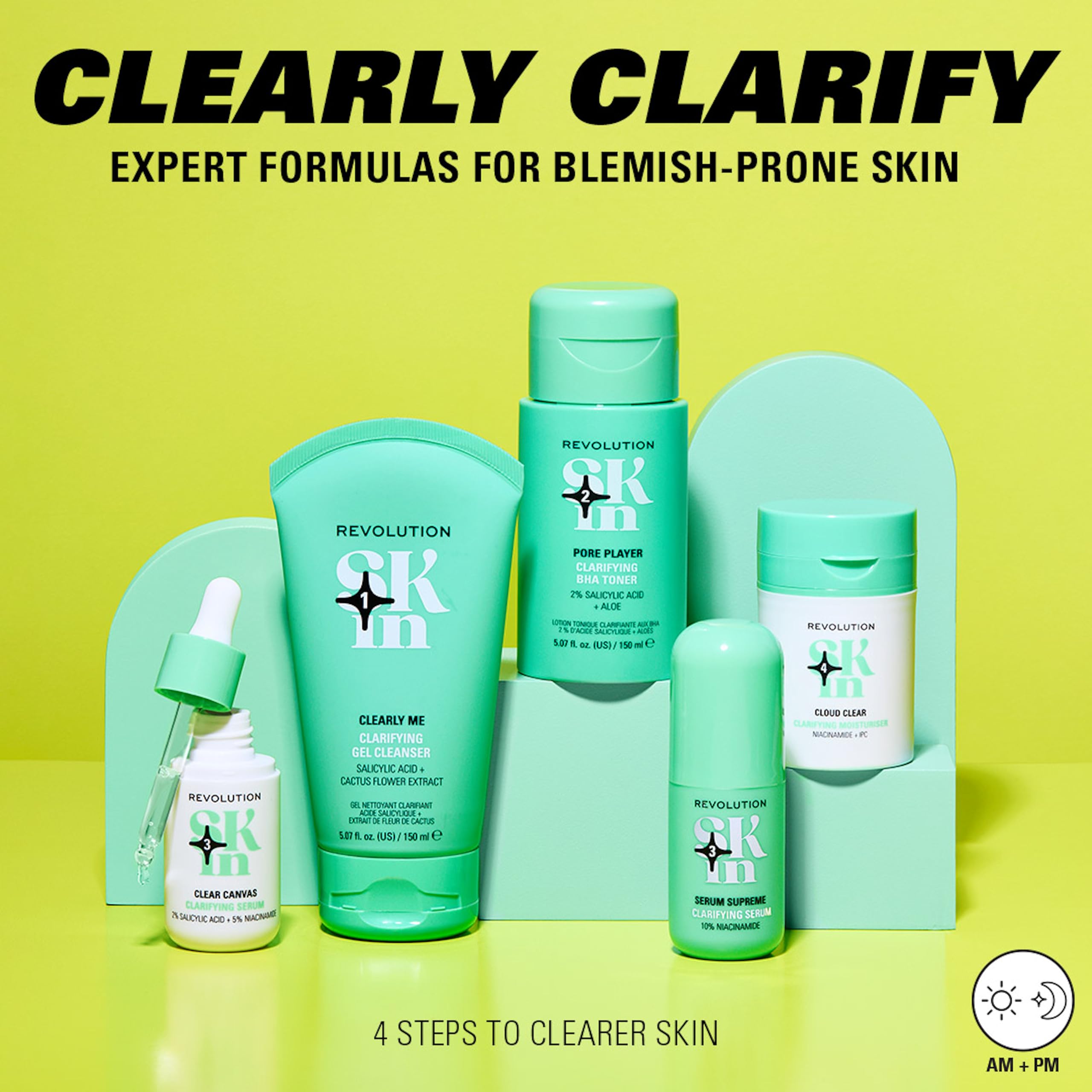 Revolution Skin, Clearly Clarify 4 Step Starter Kit, Skincare Set for Blemish-Prone Skin, Includes Cleanser, Toner, Serum & Moisturiser, Vegan & Cruelty-Free, 4 Products Included