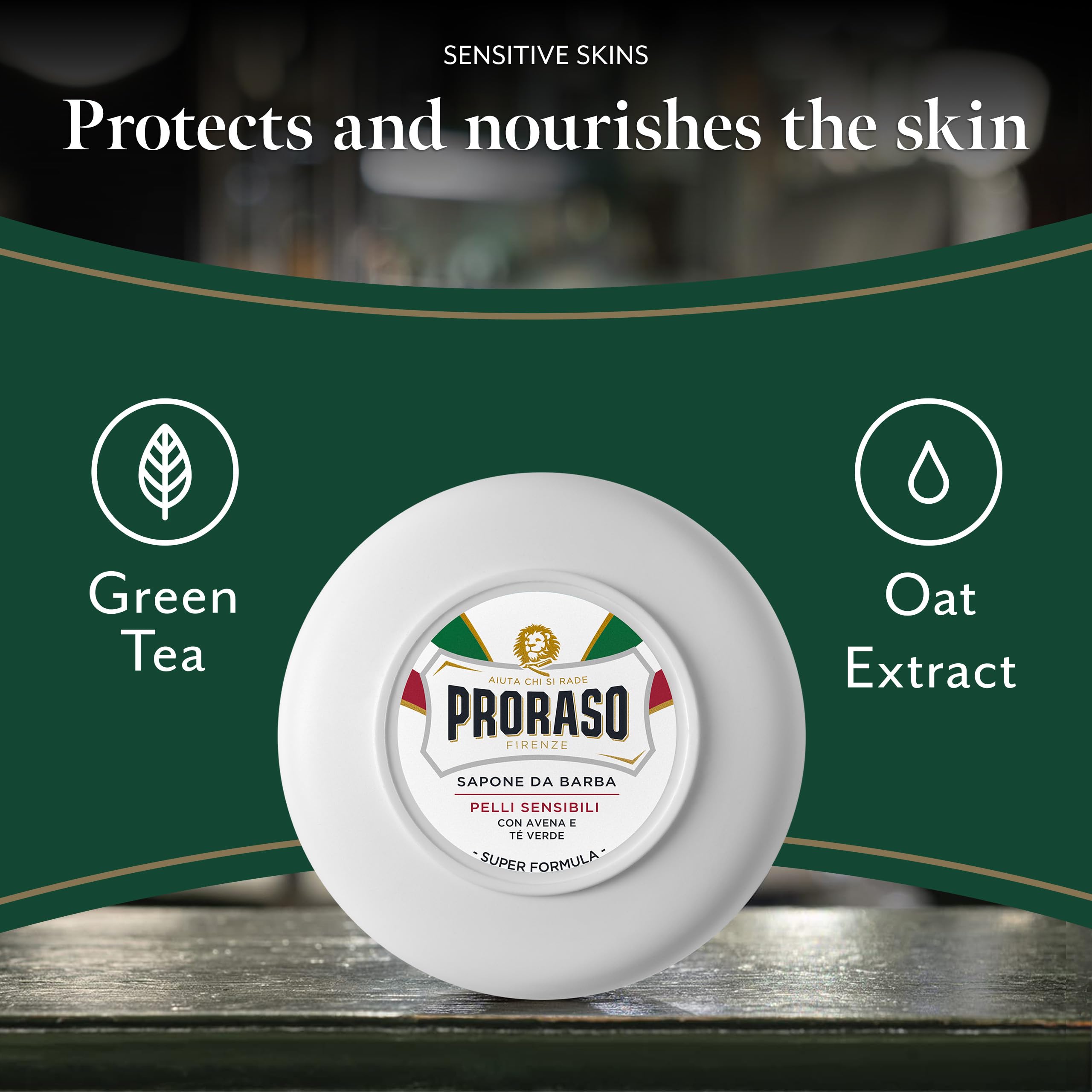 Proraso Shaving Soap in a Bowl, 150ml, Sensitive Skin Shaving Soap with Green Tea and Oat, Made in Italy, White