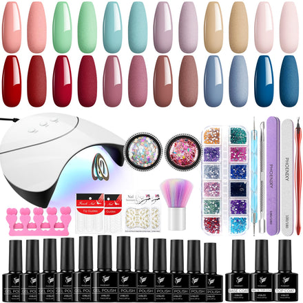 PHOENIXY Gel Nail Polish Kit with UV LED Nail Lamp - 12 Pcs Gel Polishes Set, All Seasons, Glossy Matte & Top Coat, Base Coat, Starter Kit Gift for Women