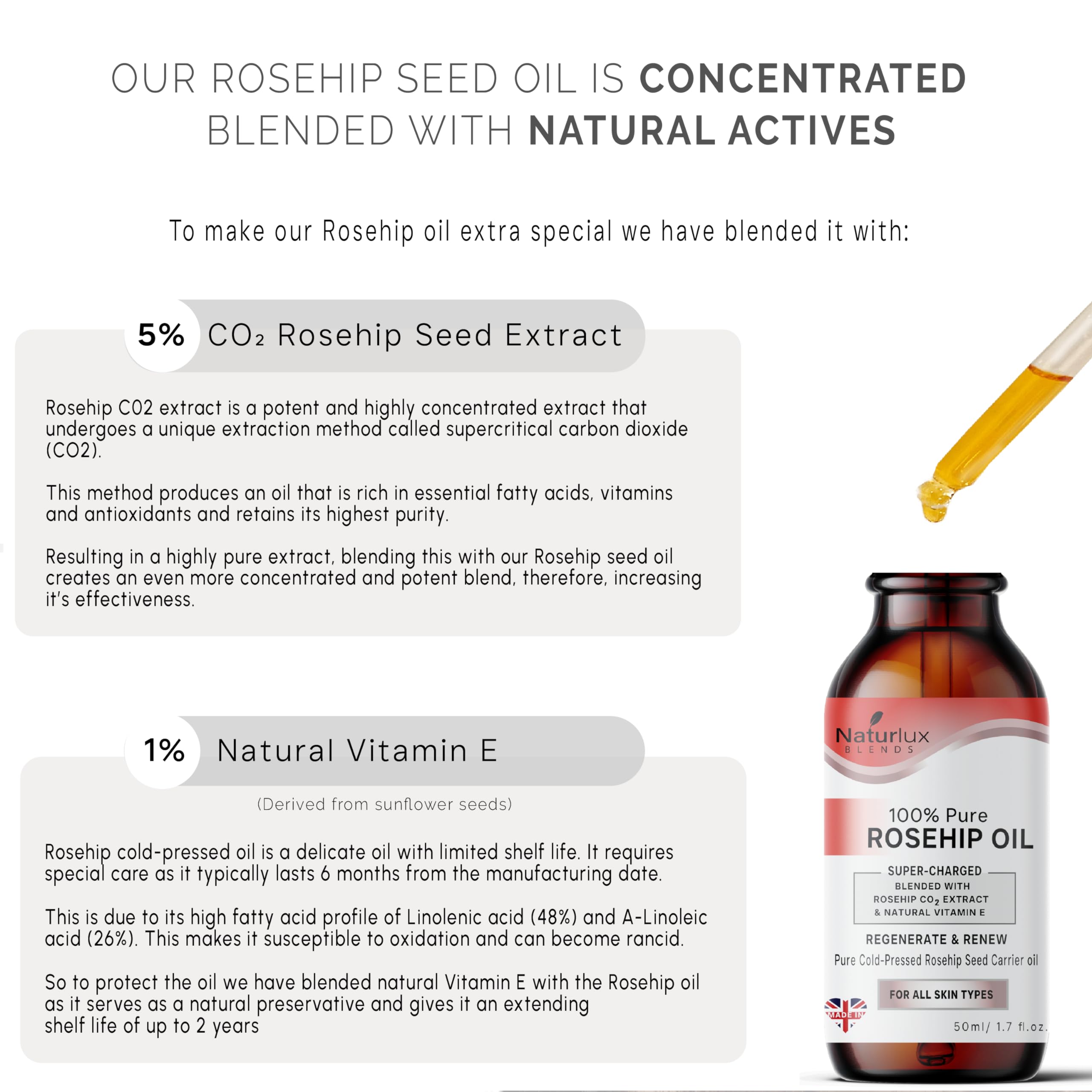 Organic Rosehip Oil For Face | 100% Pure & Natural 100 ML | Cold-Pressed Rosehip Seed Oil With 5% Rosehip C02 Extract & Vitamin E | Concentrated Blend 100 ML