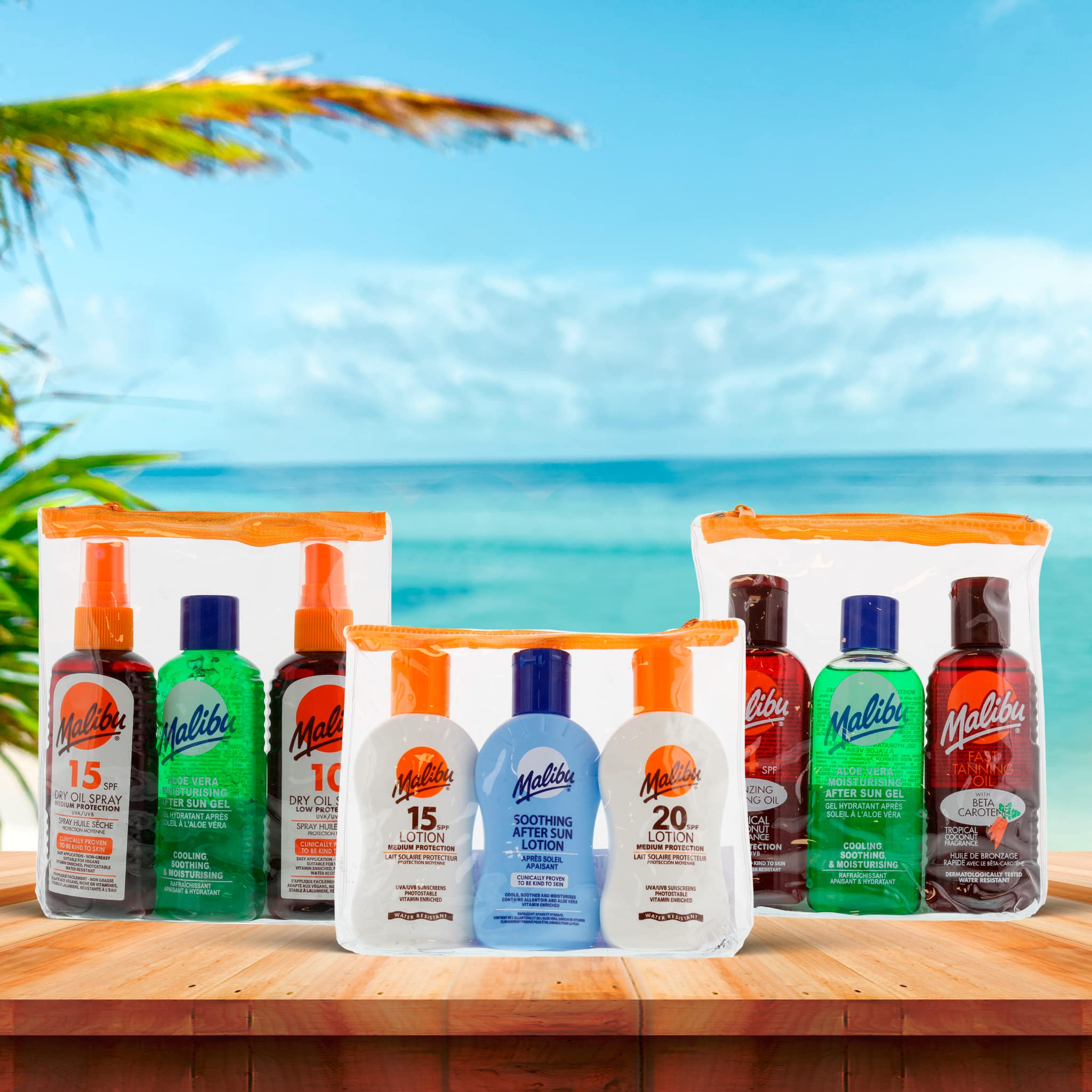Malibu Sun Travel Essentials with Suncream Protection and Soothing Aftersun Lotion, Water Resistant, SPF 15 and 20, Multipack, 3 x 100ml