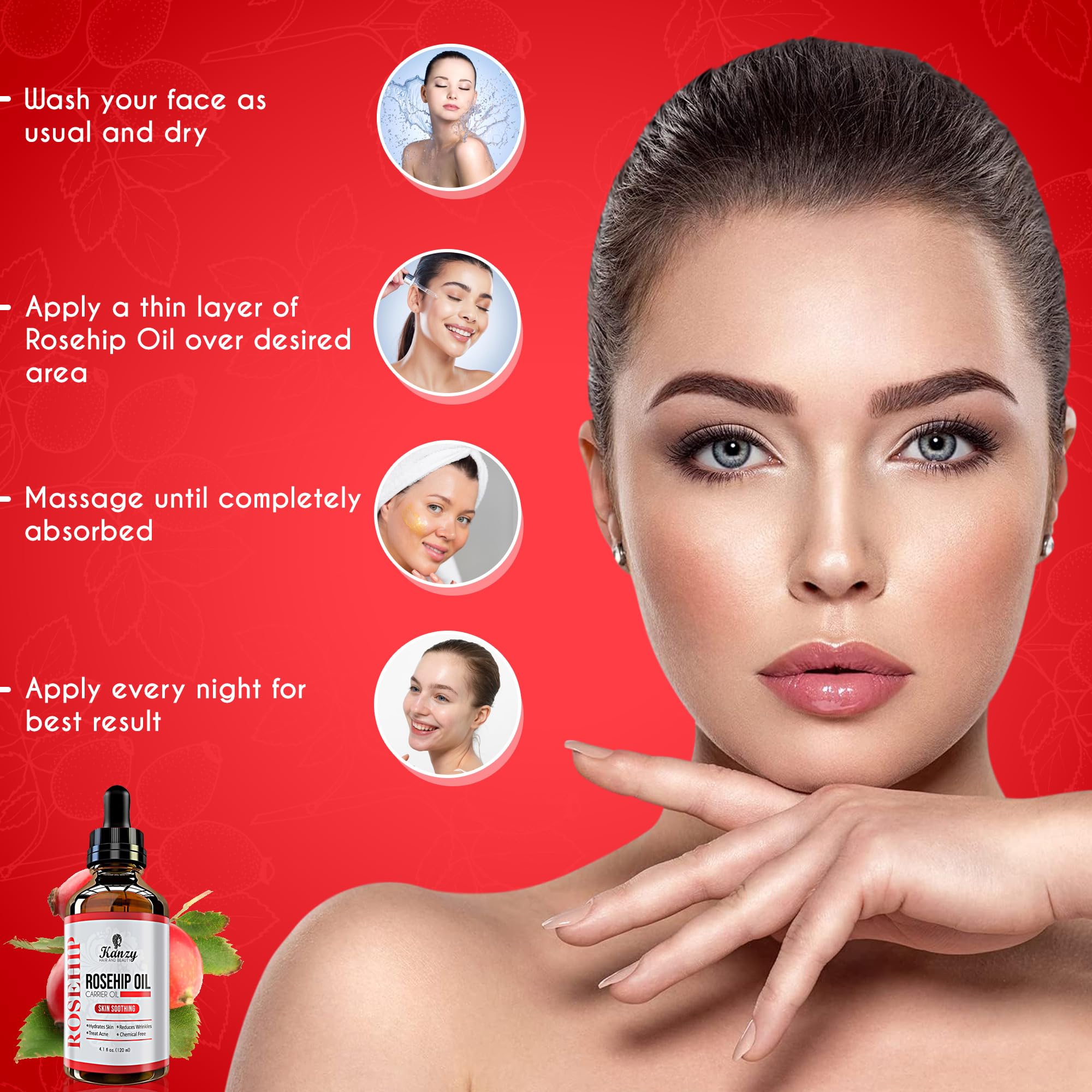 Kanzy Rosehip Oil for Face 120ml Rosehip Oil Organic Cold Pressed Rose Hip Oil for Face 100% Pure Vegan Cruelty Free for Skin, Hair, Nails, and Body for Nourishment, Dryness, Fine lines and Scars