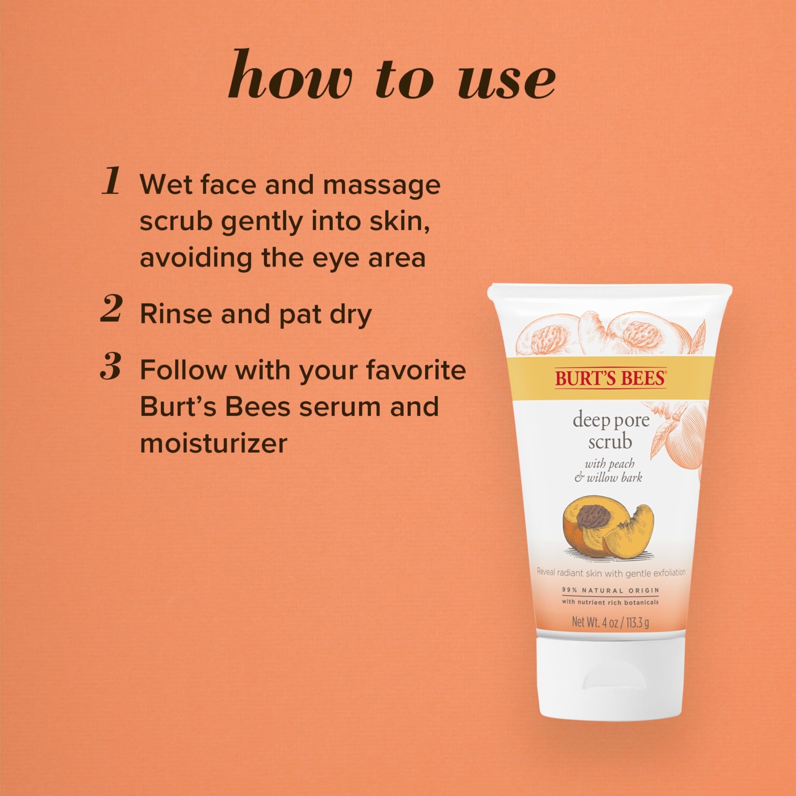 Burt's Bees Peach and Willow Bark Deep Pore Exfoliating Facial Scrub, 4 Oz (Package May Vary)