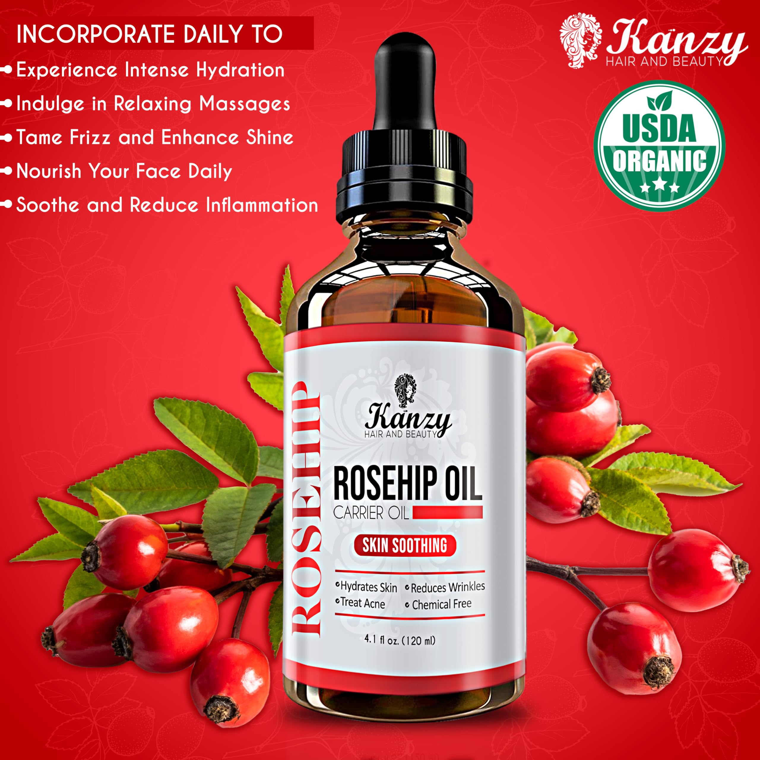Kanzy Rosehip Oil for Face 120ml Rosehip Oil Organic Cold Pressed Rose Hip Oil for Face 100% Pure Vegan Cruelty Free for Skin, Hair, Nails, and Body for Nourishment, Dryness, Fine lines and Scars
