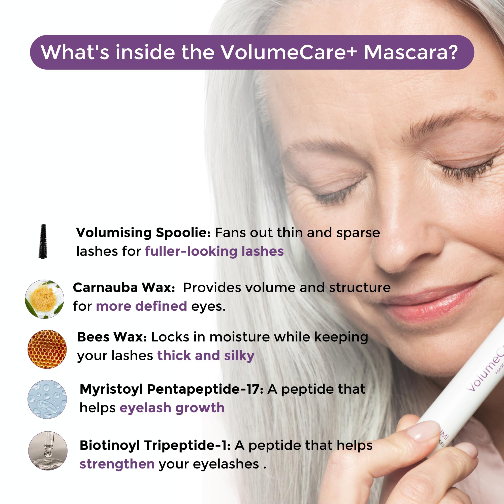 Rumi Cosmetiques VolumeCare+ Mascara For Older Women - Extreme Length and Volume 2-in-1 Formula - No Clumps, Long-wearing, Hypoallergenic Mascara For Sensitive Eyes