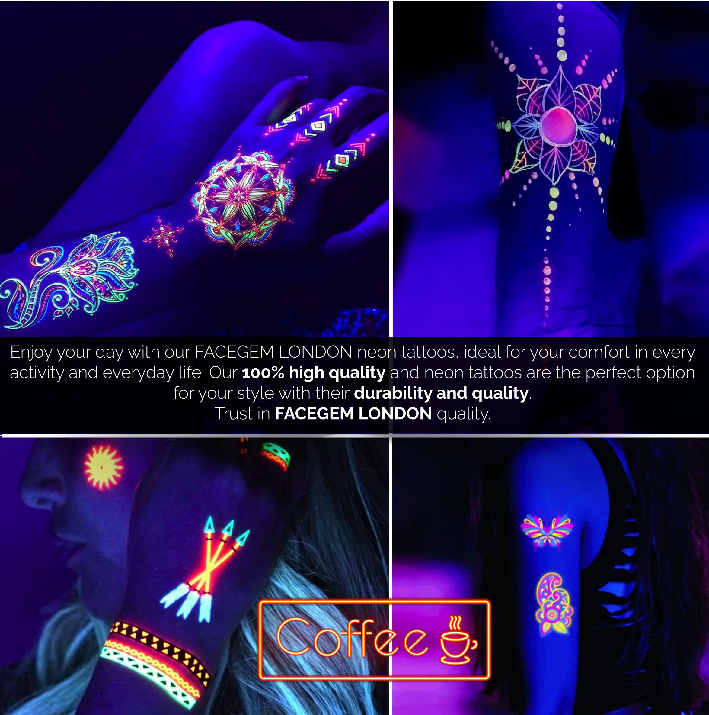 Glow in the Dark Neon Temporary Tattoos - 20 Sheets, 170+ Unique Designs for Party Rave Festival