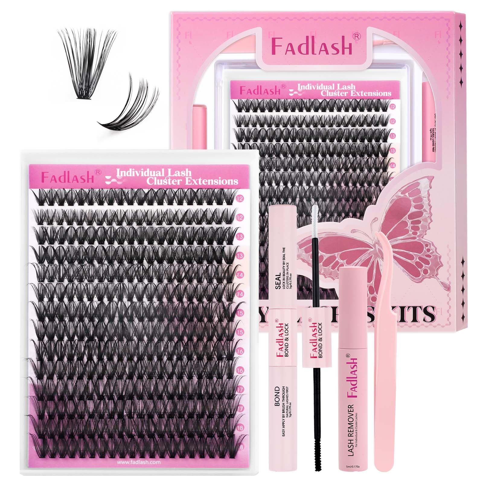 DIY Lash Extension Kit Individual Lashes Clusters Lash Bond and Seal, Clusters Lash Glue Remover and Eyelash Tweezers for Eyelash Extensions (40D-0.07D, 12-18mm, Kit)