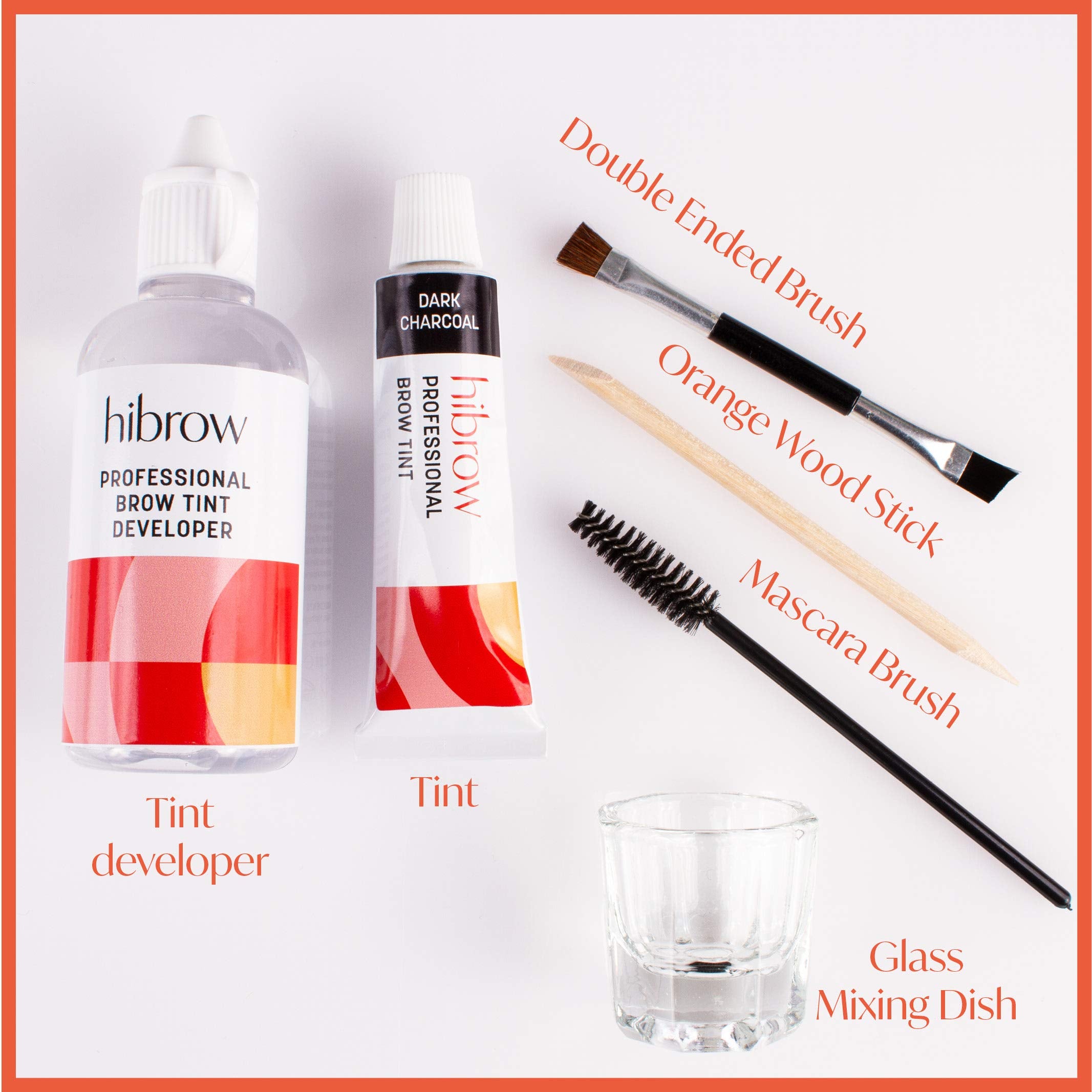 Hi Brow Professional Tinting Kit - Eyebrow Dye Full Size Set - 15ml Tint, 50ml Tint Developer, Glass Mixing Dish, Dual End Brush, Mascara Wand, Orange Wood Stick (Dark Charcoal)
