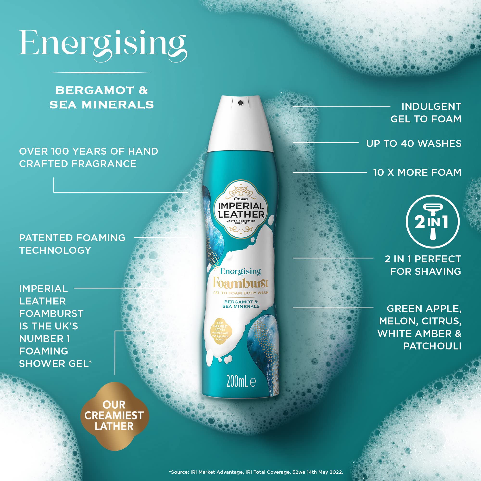 Imperial Leather Foamburst Energising Shower Gel, Bergamot & Sea Minerals Body Wash, Luxurious Foam Lather, Gentle Skin Care, Bulk Buy, Pack of 6 x 200ml