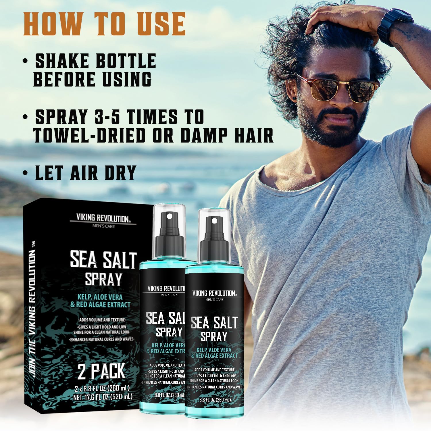 Viking Revolution - Sea Salt Spray for Hair Men - 2 x 260 ml - Hair Texturizing Spray with Kelp, Aloe Vera & Red Algae Extract - Surf Spray - Volume & Texture - Gifts For Men