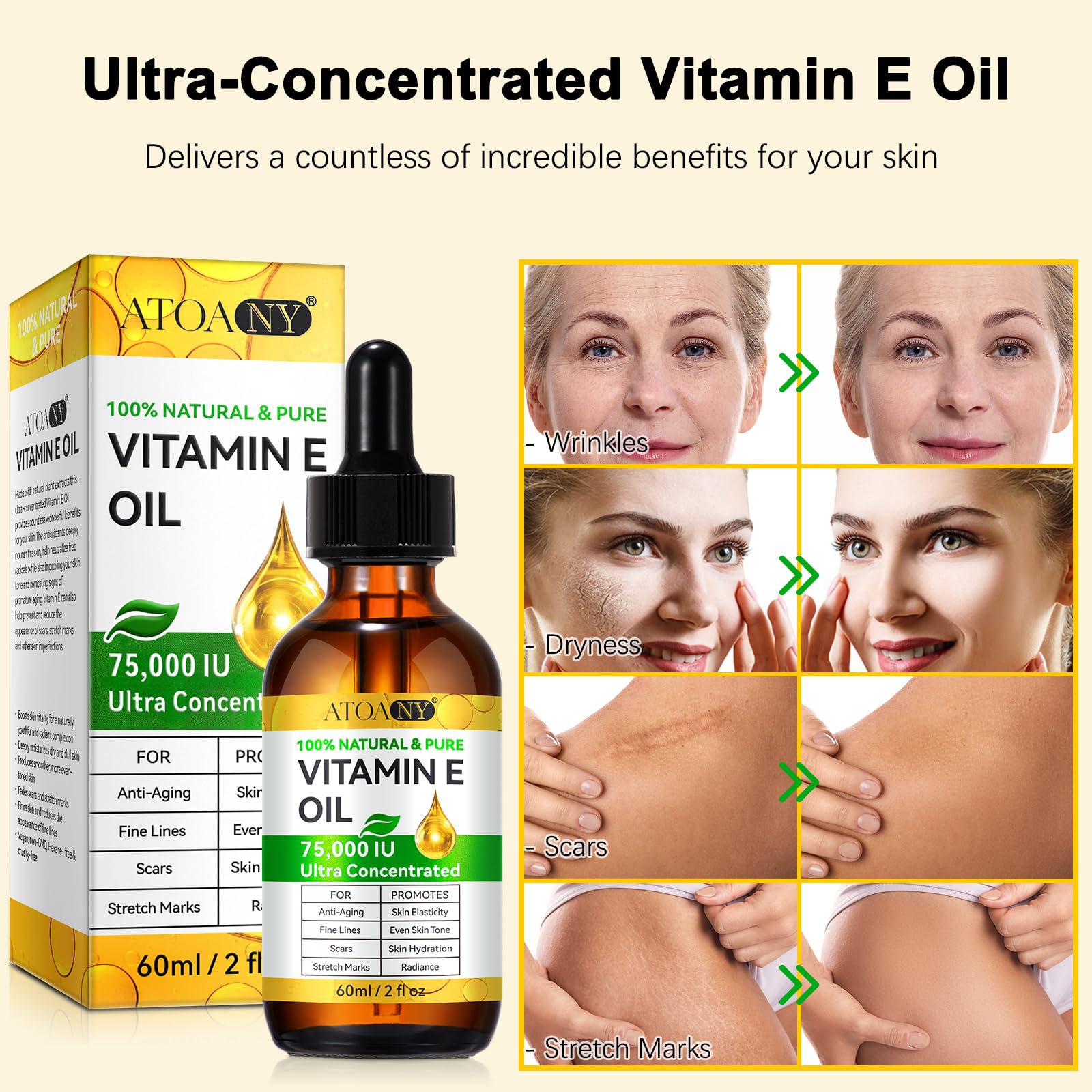 Vitamin E Oil 75,000 IU 2 Pack - 100% Organic Pure Vitamin E Oil for Skin, Face, Hair, Body - Natural Antioxidant for Dryness, Wrinkles, Scars & Stretch Marks, Deep Hydration for Soft, Glowing Skin