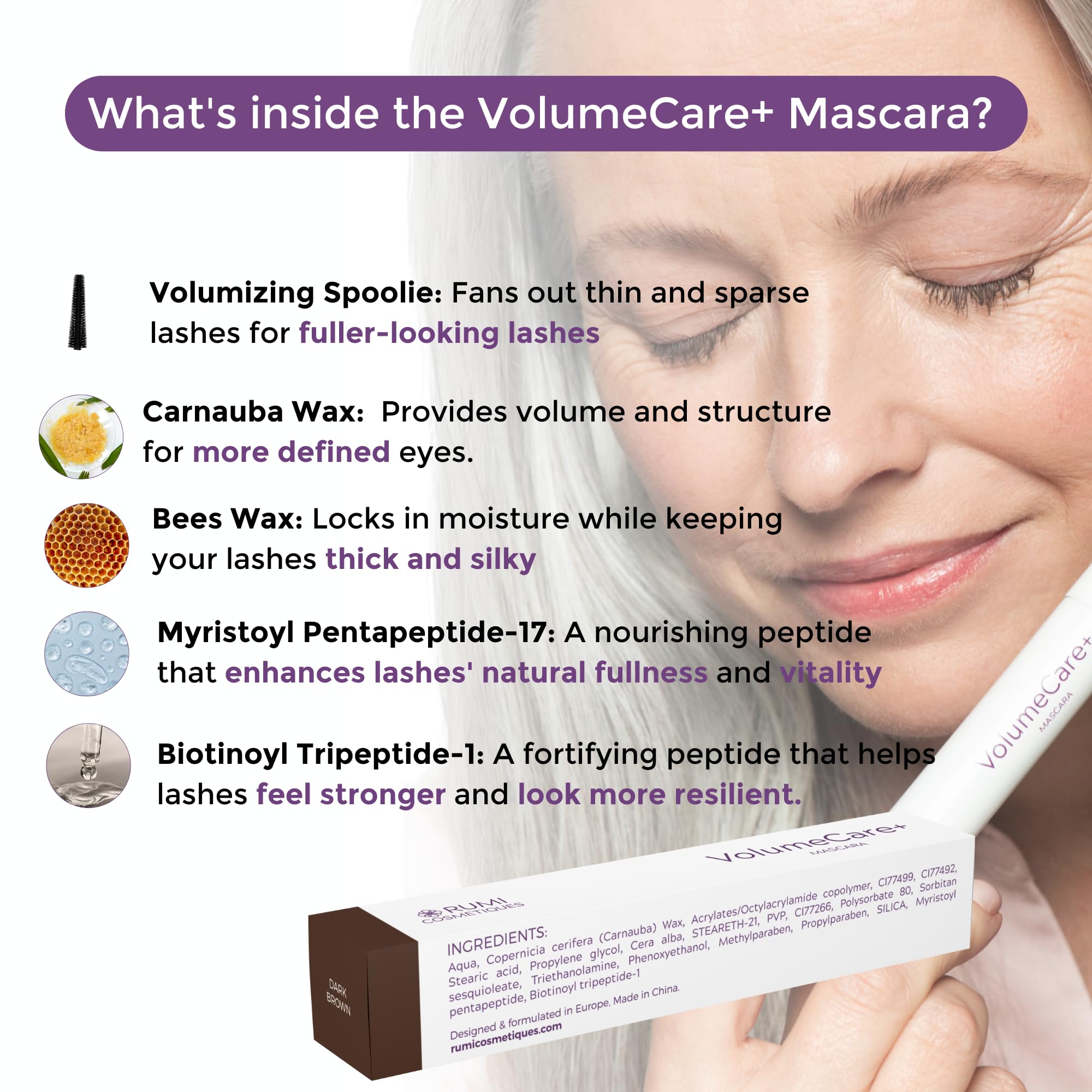 Rumi Cosmetiques VolumeCare+ Mascara For Older Women - Extreme Length and Volume 2-in-1 Formula - No Clumps, Long-wearing, Hypoallergenic Mascara For Sensitive Eyes (Dark Brown)