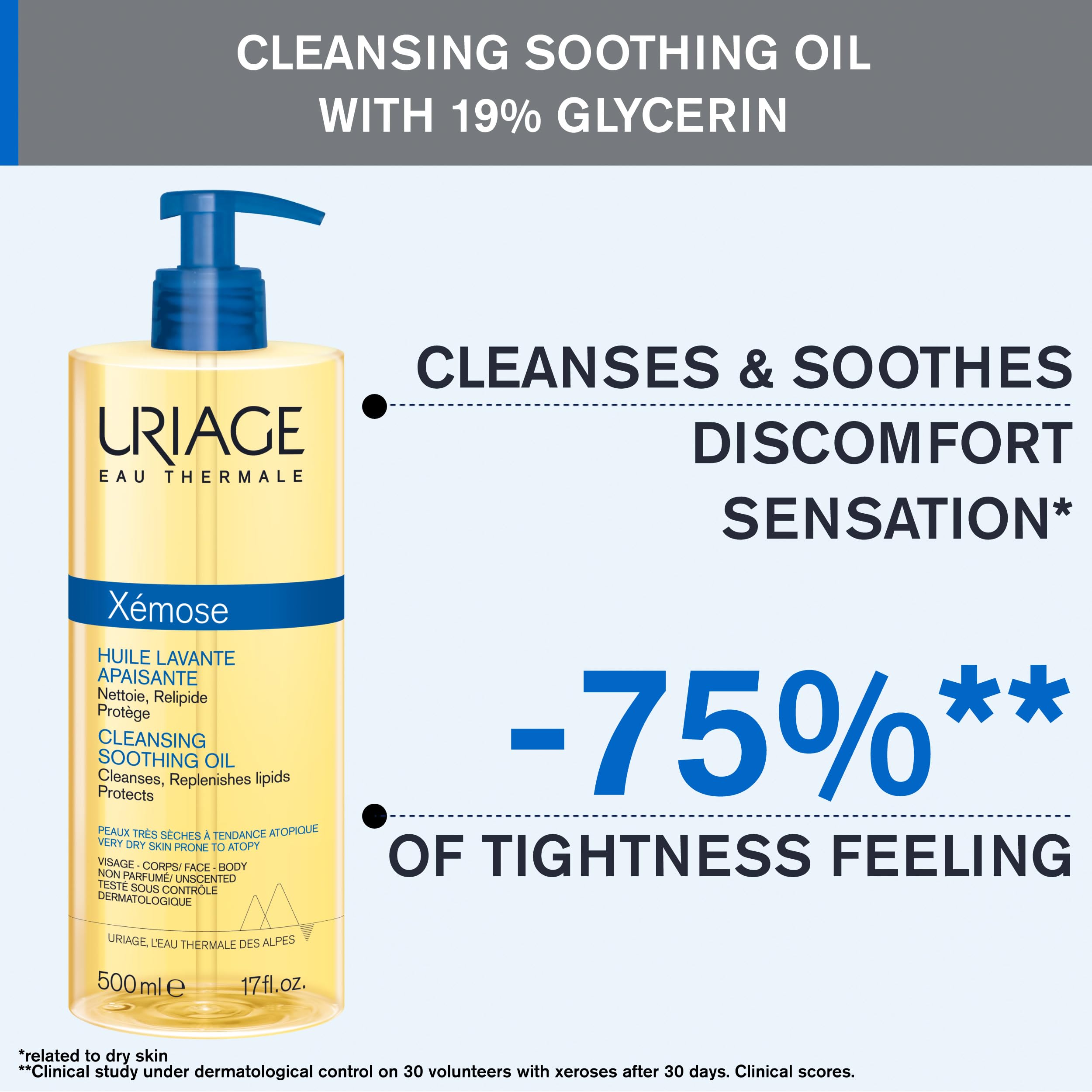 Uriage Xemose Cleansing Soothing Oil - Nourishing Cleansing for Face & Body with 19% Glycerin & Shea Butter - Dry Skin Prone to Atopy - Soothes Itching Sensations - Fragrance-free & Soap-free - 500ml