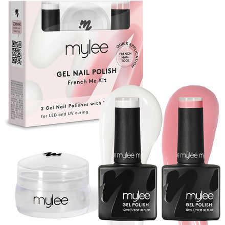 Mylee French Me Kit with Stamper – Salon Quality French Manicure at Home, Includes White & Nude Gel Nail Polish + Clear Silicone Stamping Tool, Cure Under UV LED Lamp