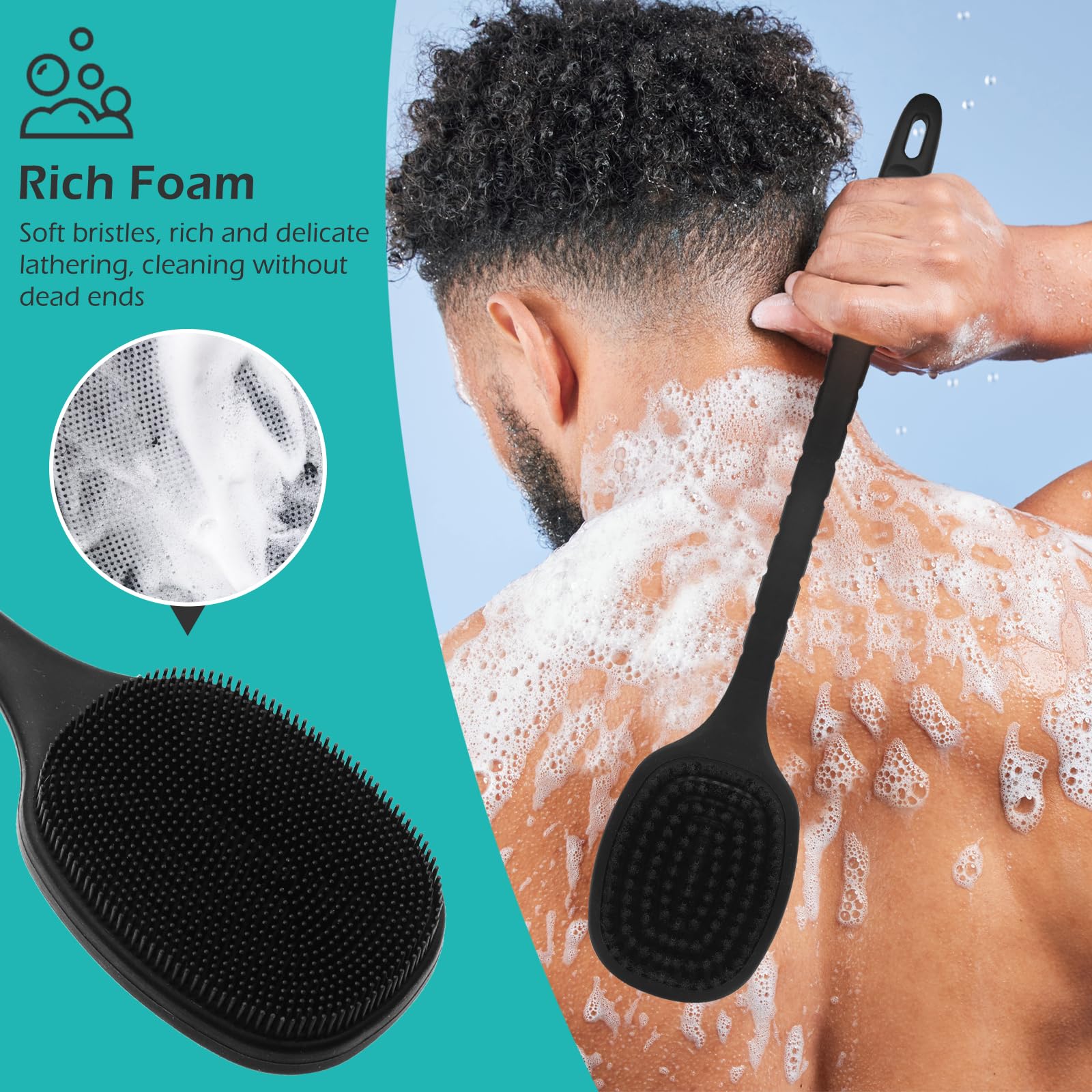 Row&Keep Back Scrubber for Shower, New Updated, Reversible Body Scrub Brush, Long Handle, Comes with Soft Silicone Bristles and Stiff Nylon Bristles for Shower Scrubbing and Massage