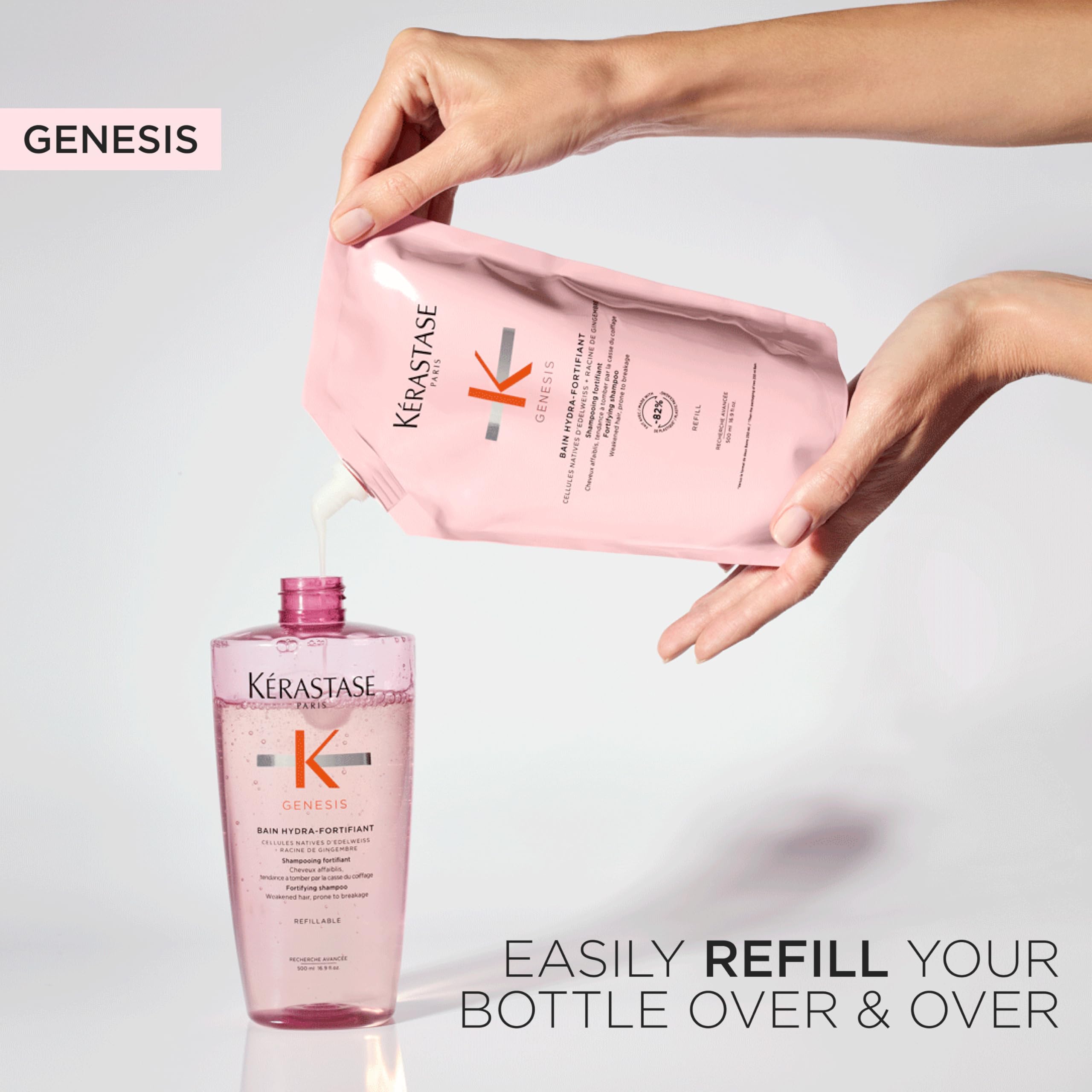 Kerastase Genesis Shampoo Hydra-Fortifiant Refillable Bottle - Fortifies & Reduces Breakage, Provides Immediate Hydration & Softness, For Weakened Hair, 13.5 Fl Oz