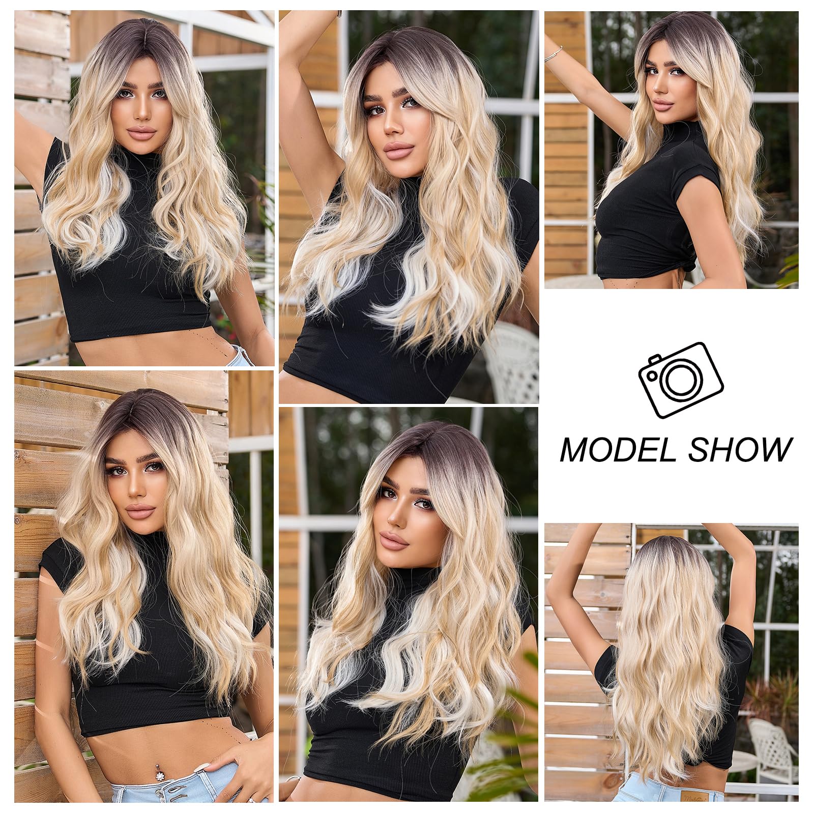 Esmee Long Wavy Ombre Blonde Wigs for Women Natuaral Synthetic Hair Heat Resistant Wig for Daily Party Cosplay Use