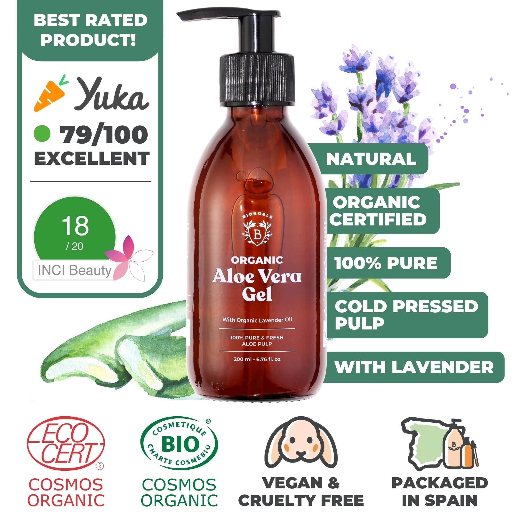 Bionoble Organic Aloe Vera Gel 200ml - Made with 100% Pure Fresh Aloe Pulp and Organic Lavender - Xanthan Free - Face, Eye Contour, Body, Hair - Glass Bottle + Pump
