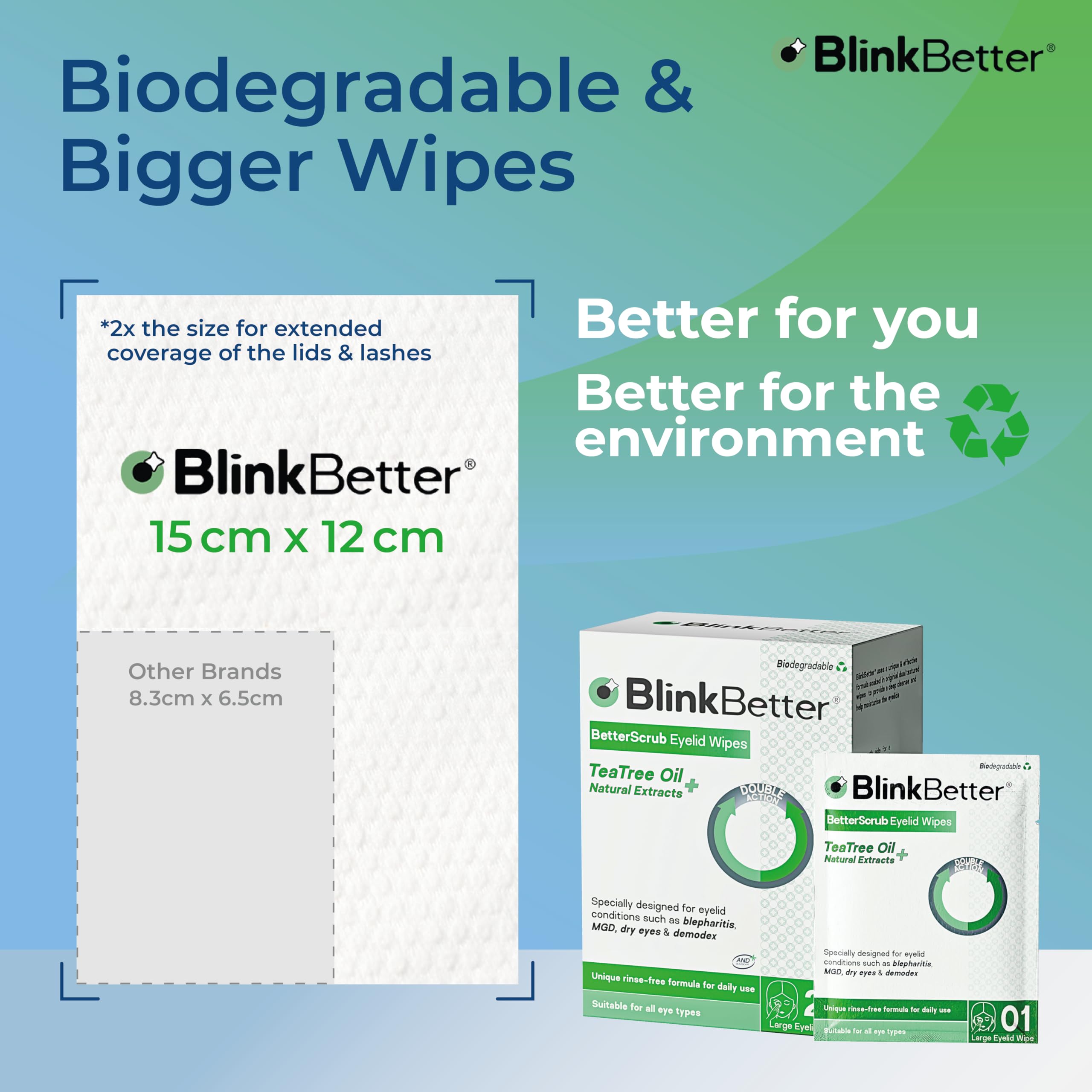 BlinkBetter Tea Tree Oil Eyelid Wipes - 60 x Natural Blepharitis, MGD & Dry Eye Relief Wipes | Cleansing, Soothing, Dual-Textured, Triple Moisture Formula | Biodegradable & Gentle (Pack of 3)