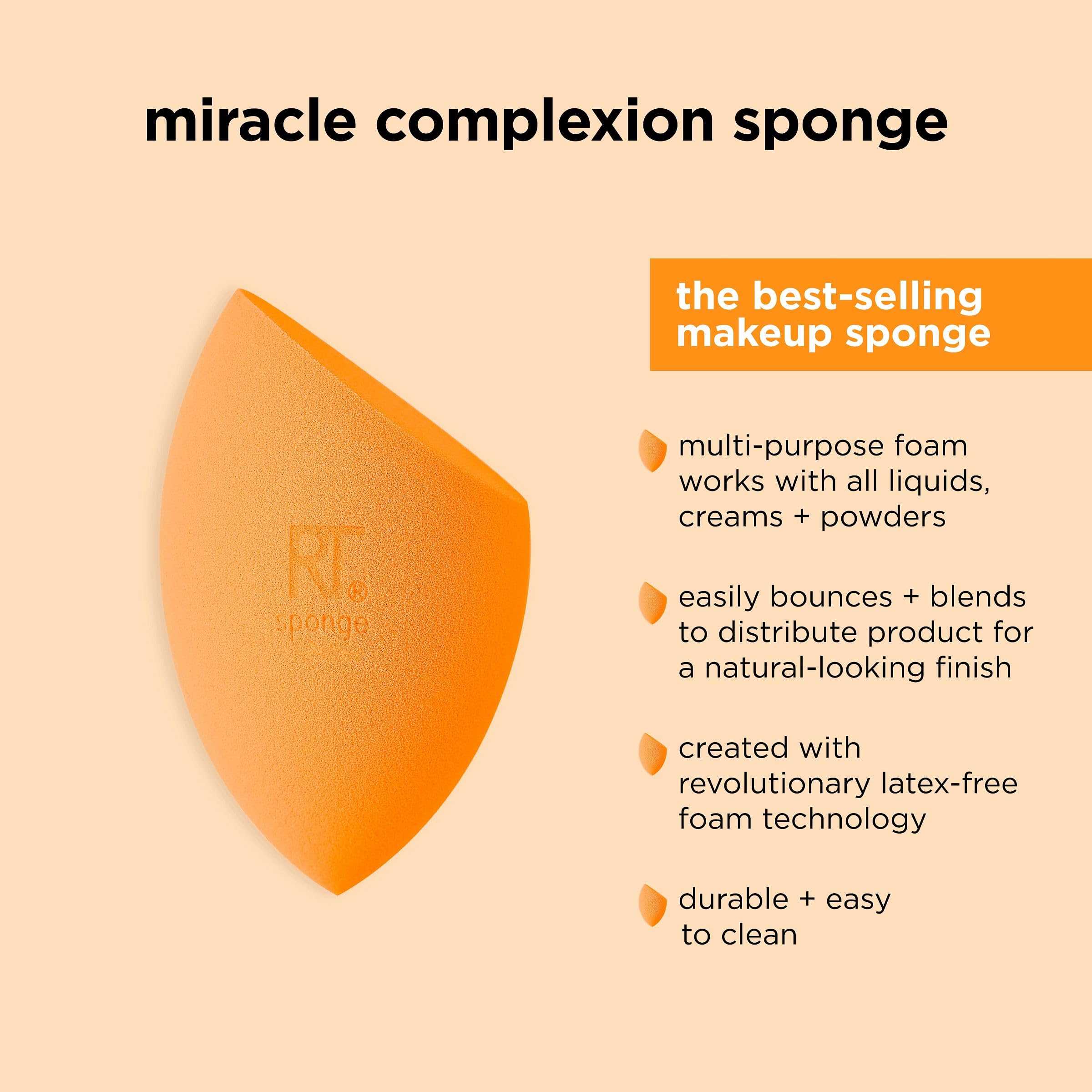 Real Techniques Miracle Complexion Sponge + Travel Case, Makeup Blending Sponge, For Foundation, Sponge Case for Travel, Light To Medium Coverage, Natural, Dewy Makeup, Latex-Free Foam, 2 Piece Set