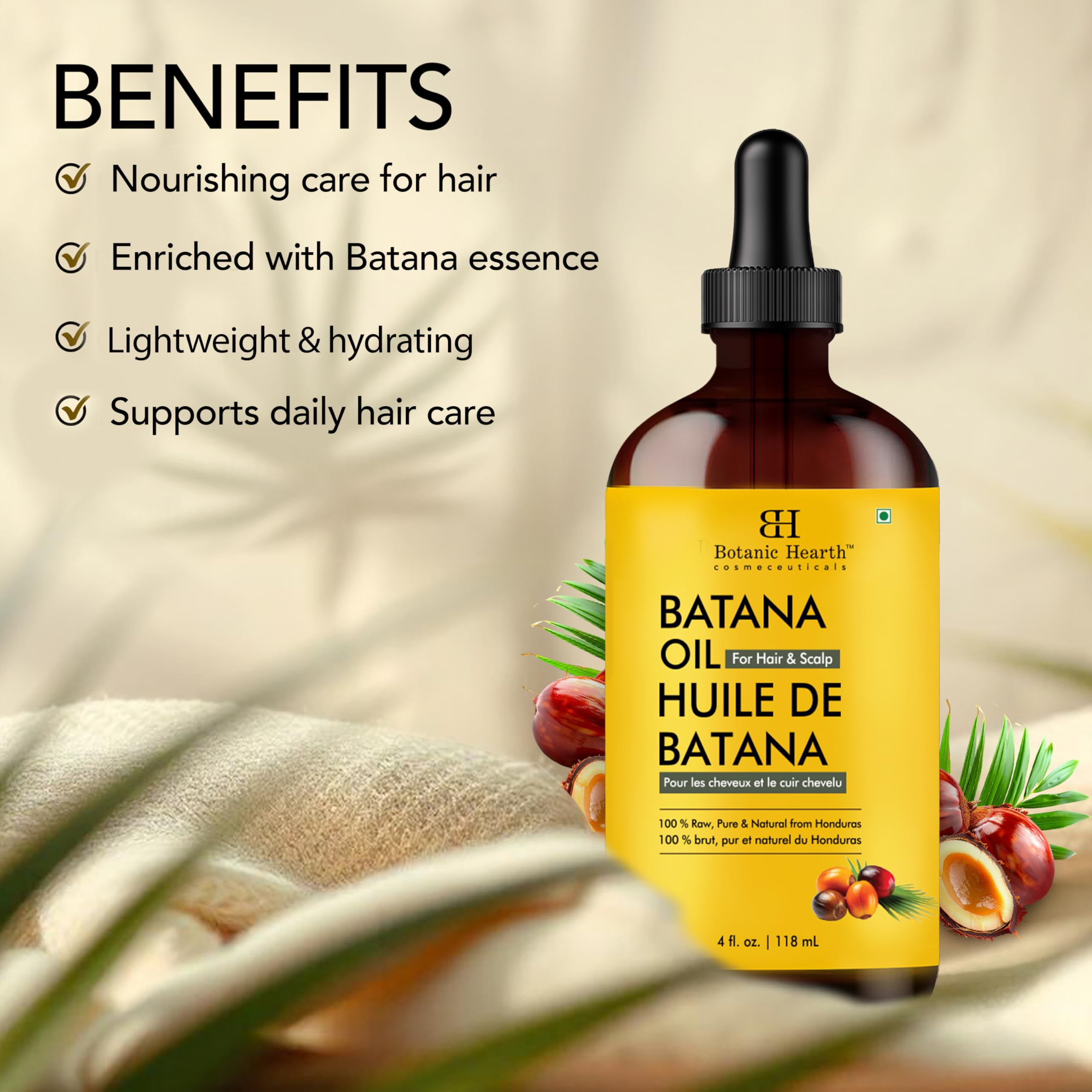 Botanic Hearth Raw Batana Oil for Hair Growth (4 fl oz) | 100% Pure & Unrefined Oil from Honduras | Promotes Thicker, Stronger Hair