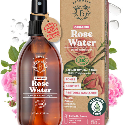 Bionoble Organic Rose Water 200ml - 100% Pure and Natural Damask Rose Hydrolat - Face, Eye Contour, Body, Hair - Glass Bottle + Spray