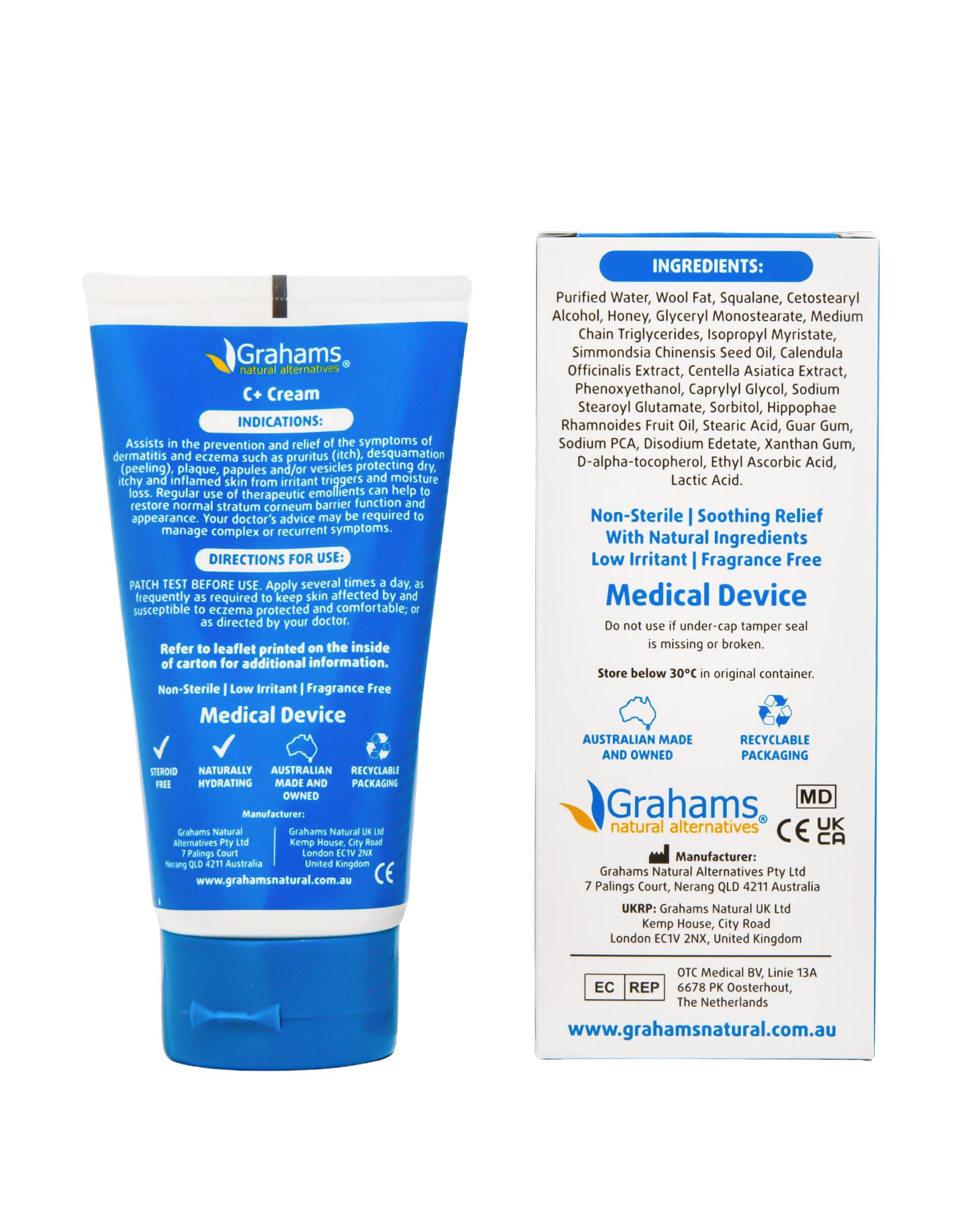 Grahams Natural C+ Eczema Cream - Clinically Proven Eczema Cream for Dry Skin, Inflammation, Dermatitis & Itchy Skin Relief for Adults - with Manuka Honey - Hypoallergenic & Steroid-Free (120g)