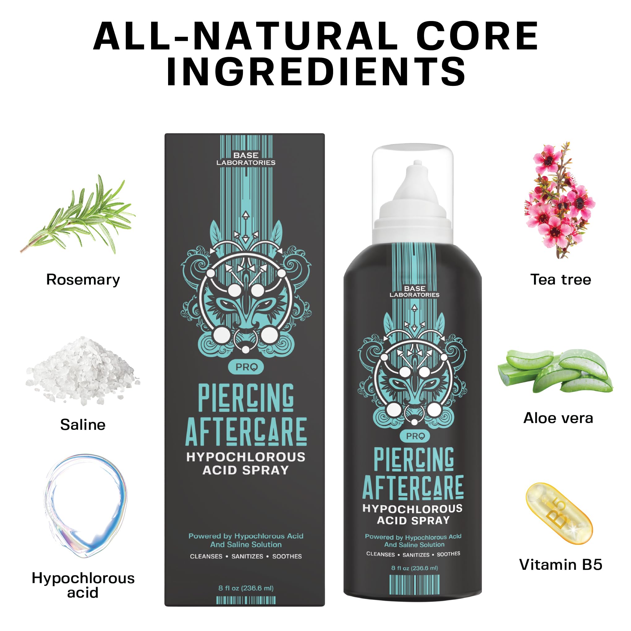 BASE LABORATORIES Piercing Aftercare Hypochlorous Acid Spray 8oz | Piercing Cleaning Solution - Saline Solution Piercing Aftercare for Ear Piercings, Nose, Belly - Piercing Cleaner Solution Pro