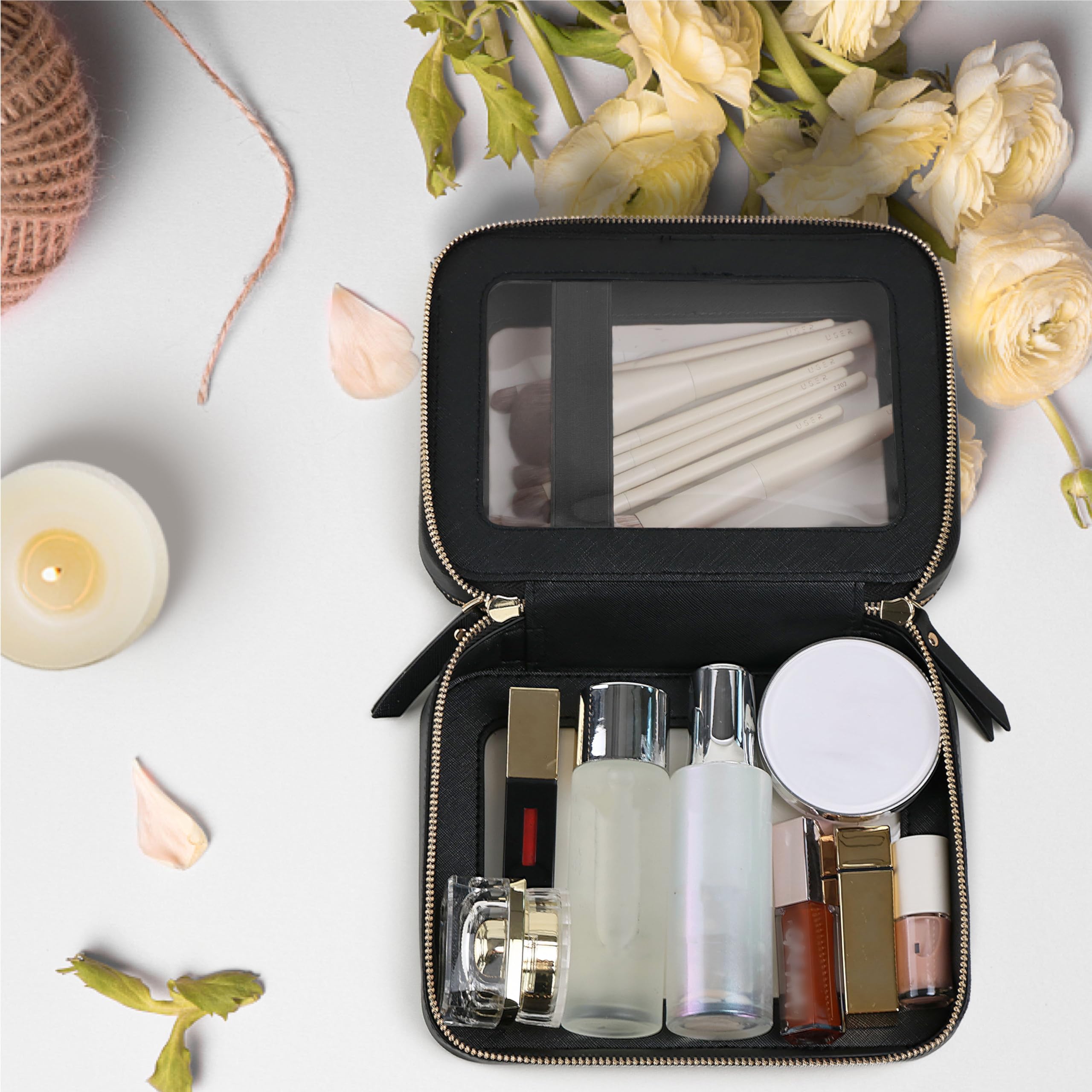 Prite Large Clear Makeup Bag with Gift Box Double Sided Cosmetic Case Two Layer Travel Toiletry Bag with Zippers and Compartment (Black)