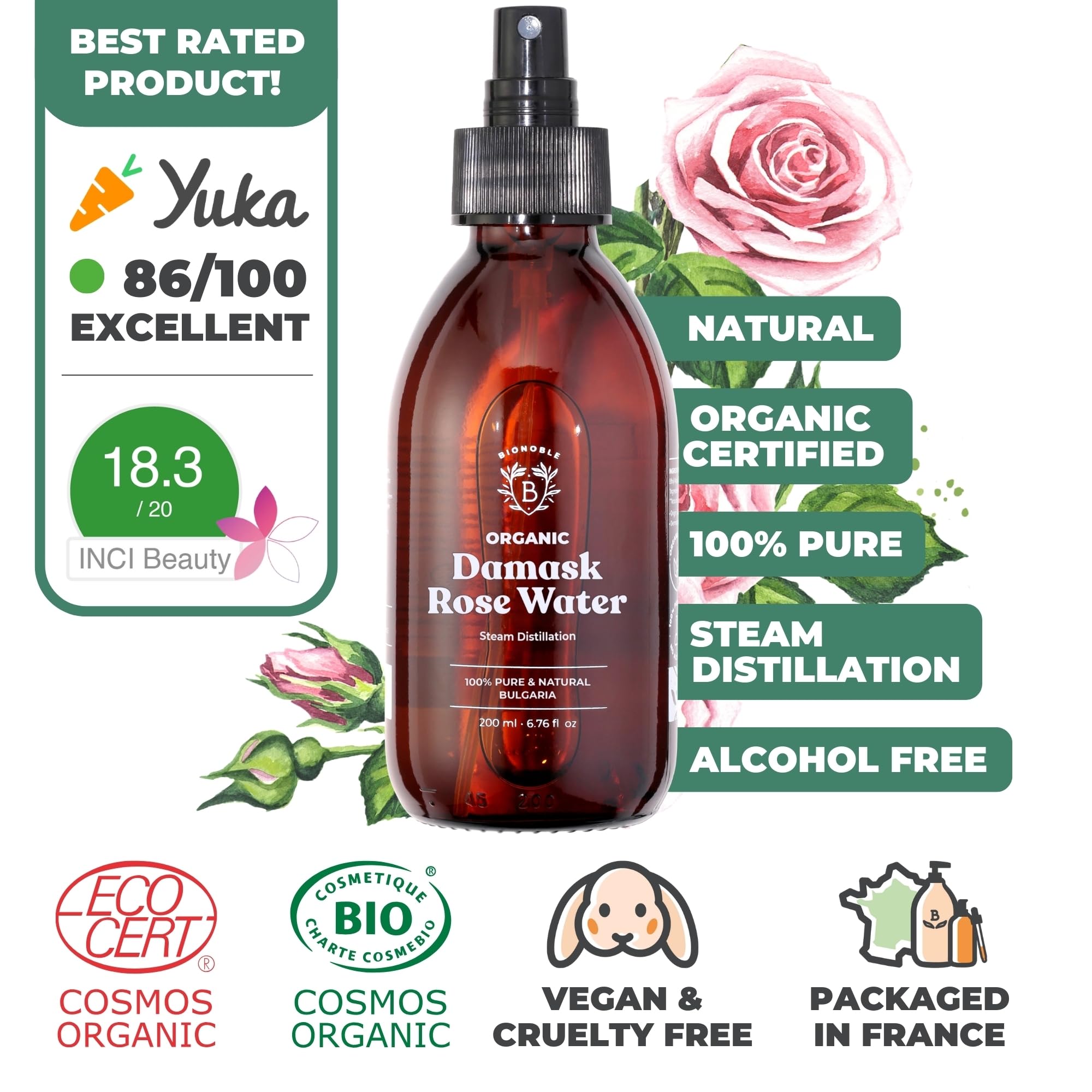 Bionoble Organic Rose Water 200ml - 100% Pure and Natural Damask Rose Hydrolat - Face, Eye Contour, Body, Hair - Glass Bottle + Spray