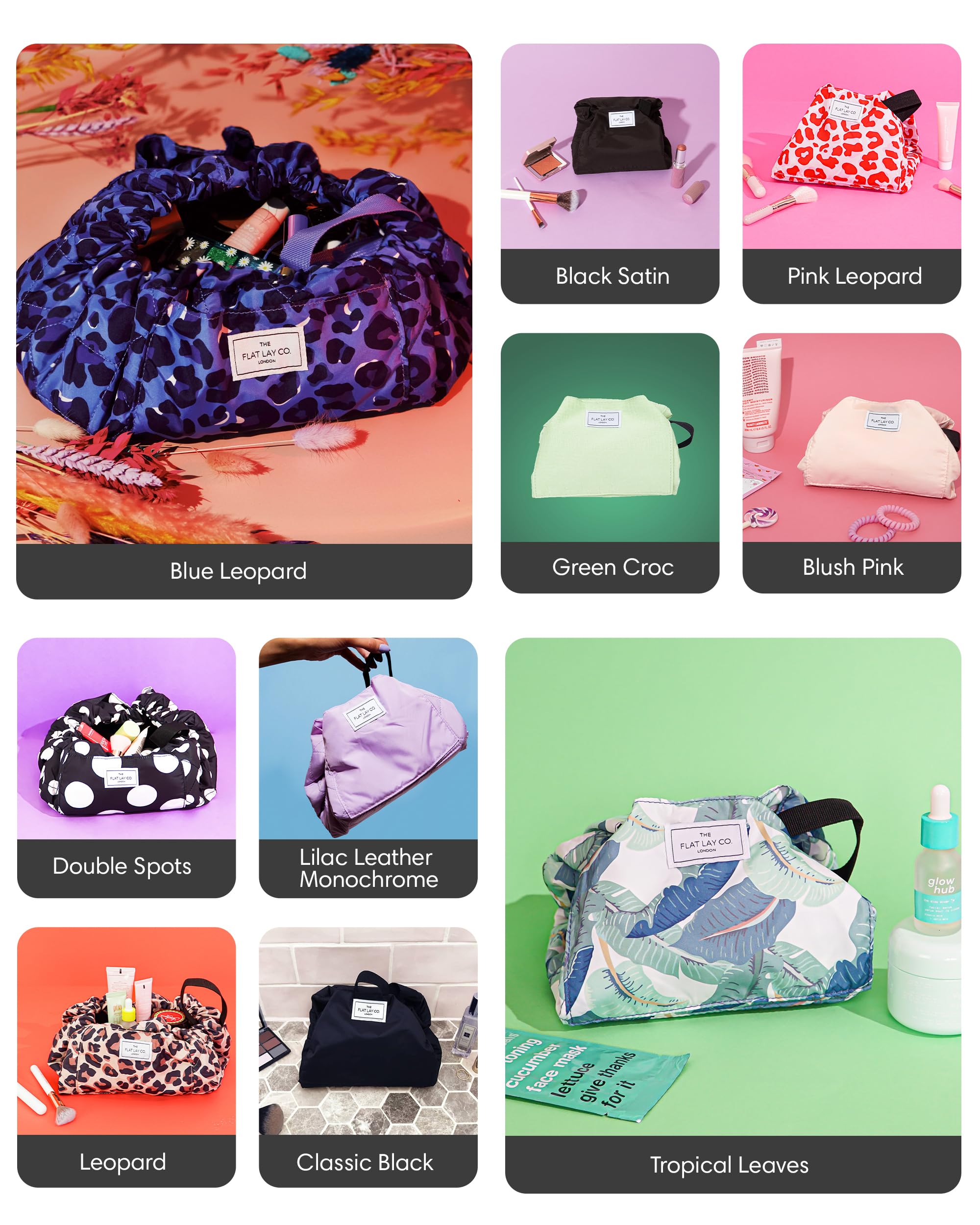 The Flat Lay Co. Makeup Bag - Leopard Travel Drawstring Makeup Bag with Brush Holder & Large Pockets - Cosmetics Organiser Storage for Eyeshadow, Blushes, Lipstick, & Brushes