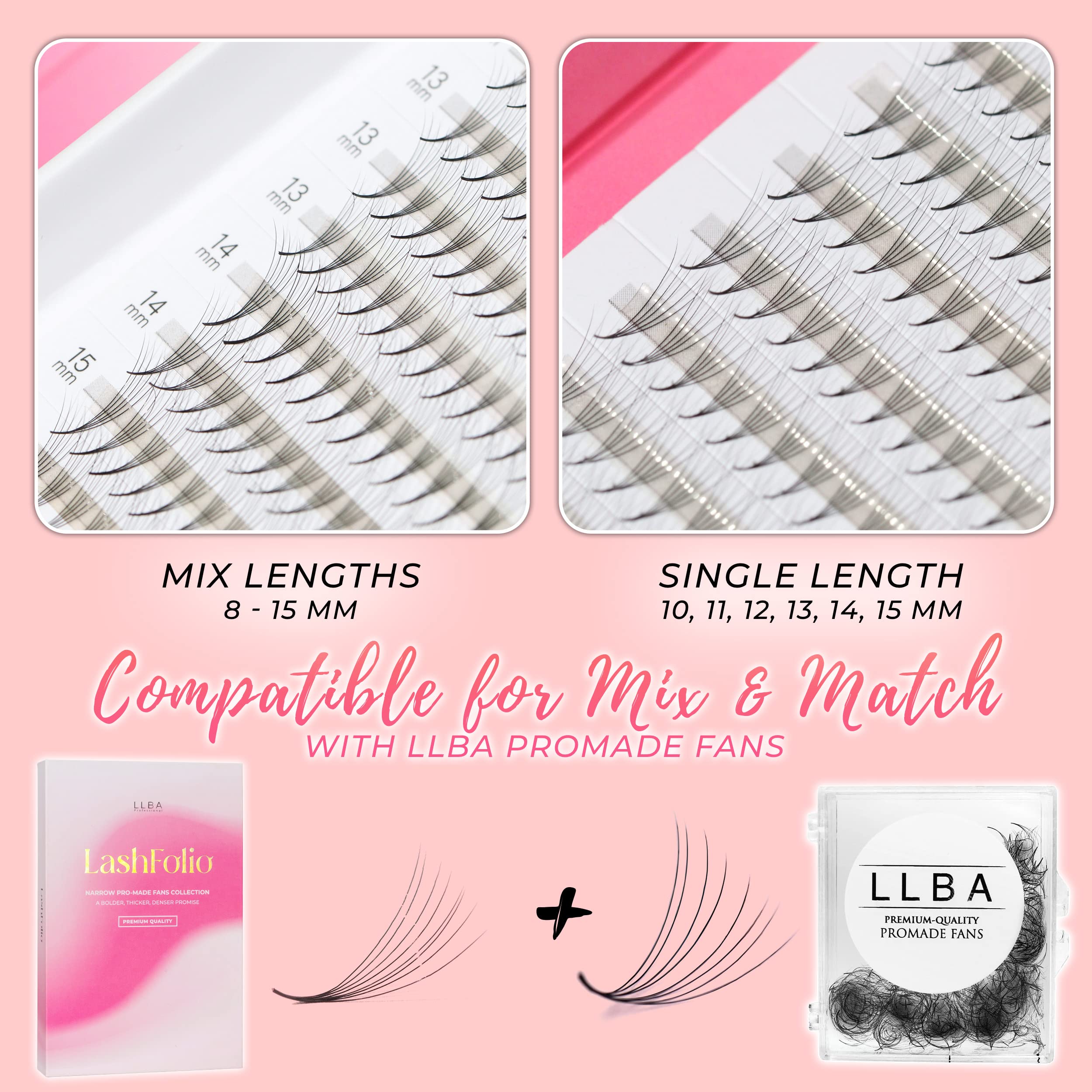 LLBA LashFolio Narrow Promade Fans | Handmade Volume Eyelashes | Multi Selections 5D~10D | C CC D Curl | Thickness 0.03~0.07mm | 8-15mm Length | Long Lasting & Easy Application (5D-0.07 D 8mm-15mm)