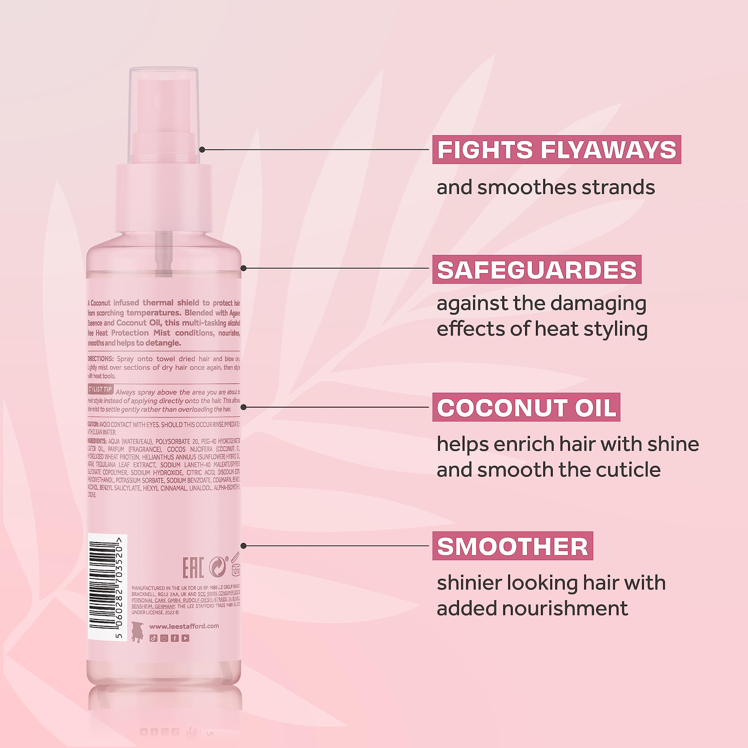 Lee Stafford Heat Protectant Spray | Coco Loco Collection - Lightweight, Frizz Control Thermal Defense Shine Mist for Daily Use, Flat Iron & Blow Dry Safe, Coconut Scented, 6.7 Fl Oz