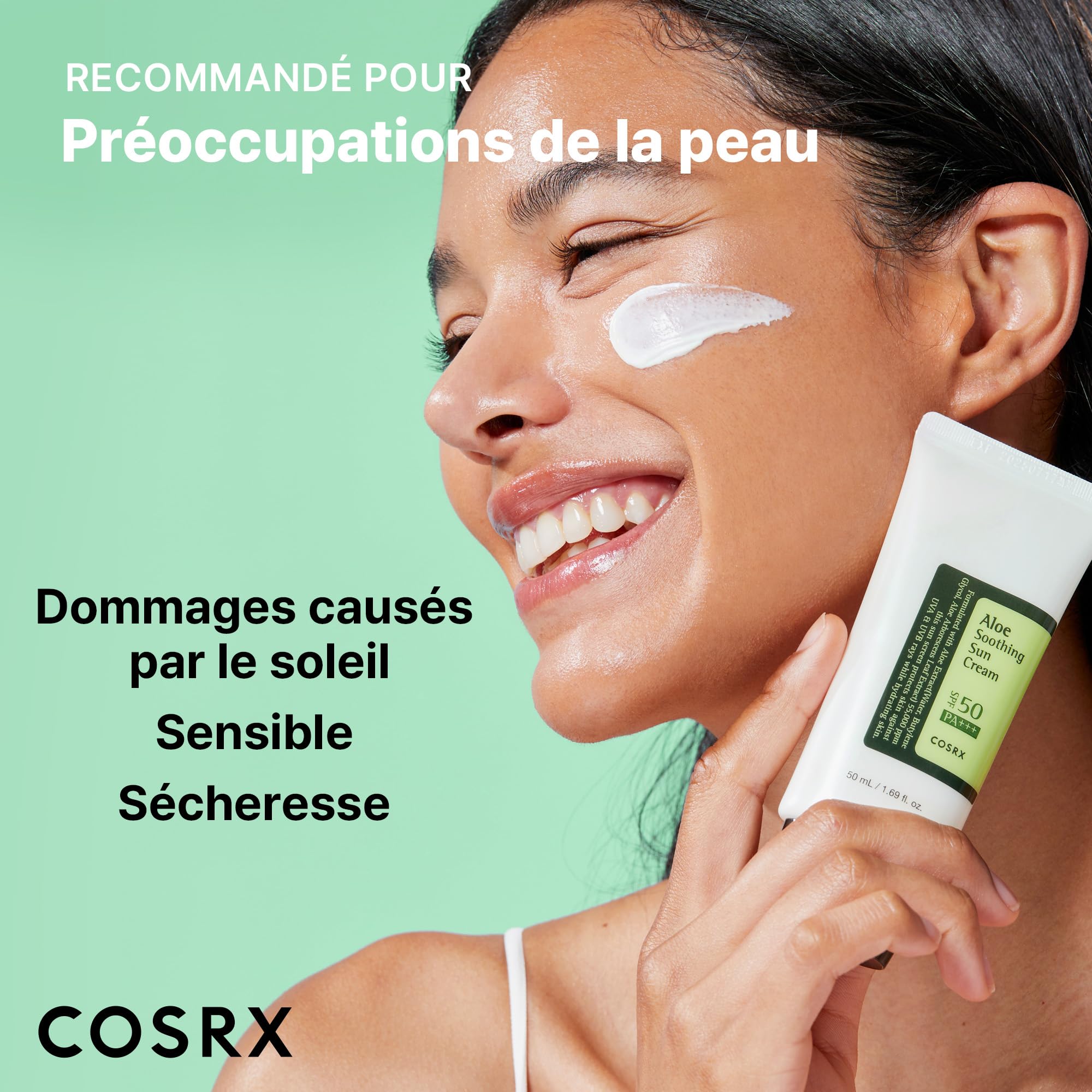 COSRX Aloe Soothing Sun Cream SPF 50+++, Daily Hydrating Sunscreen for Dry Sensitive Skin, UVA&UVB Protection, No White Marks, Sun Moisturiser, Korean Sunscreen, Korean Skincare