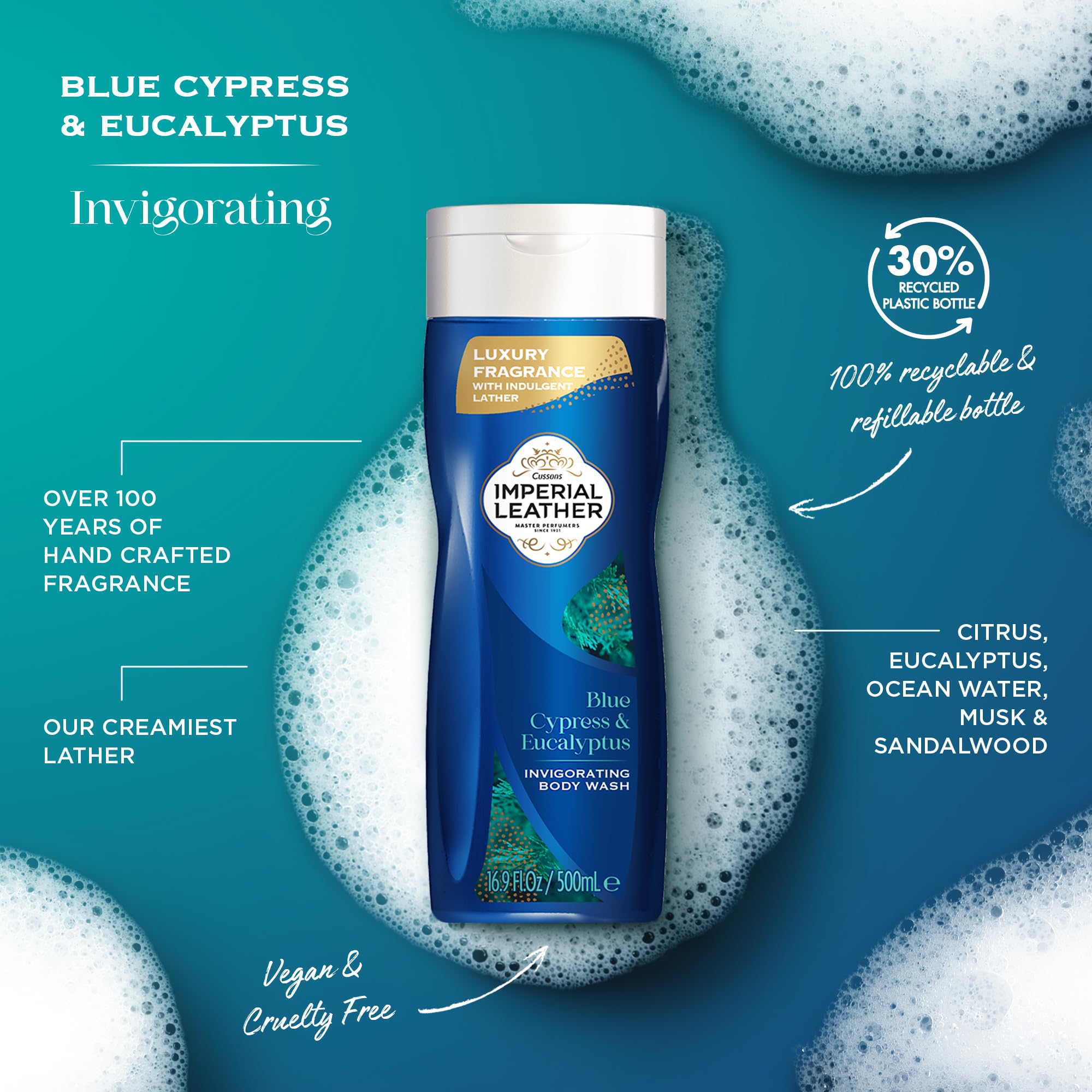 Imperial Leather Blue Cypress & Eucalyptus Invigorating Body Wash Shower Gel Signature Oil Blend, Creamy Lather, Gentle Skin Care, Bulk Buy, Pack of 6x500ml