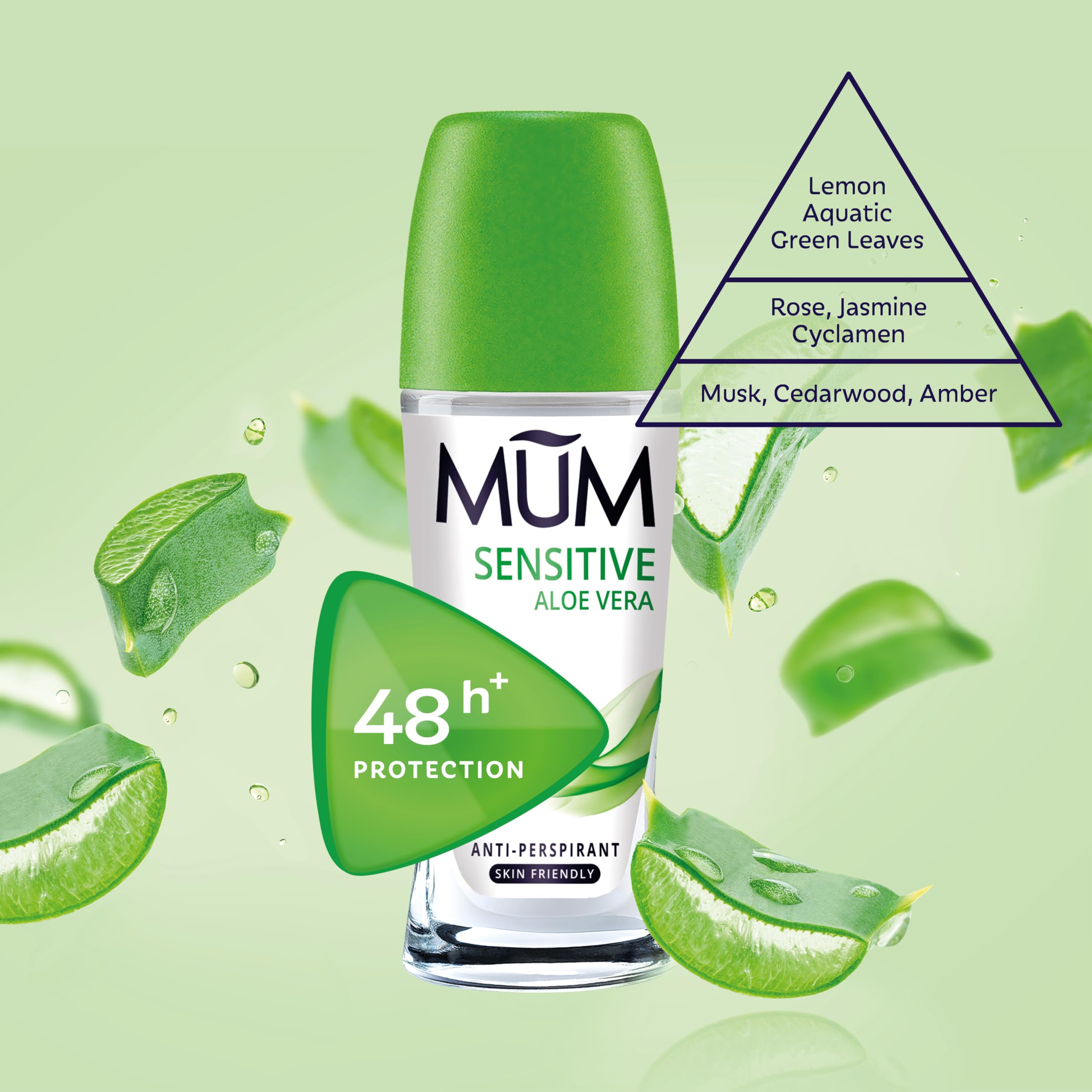 Mum Sensitive Aloe Vera Roll On Deodorant, 48 Hours Plus Protection, Alcohol Free for Sensitive Skin Womens Mens Deodorant, Anti-Perspirant, Vegan, Sustainable Glass Bottle, 50 ml, Pack of 6